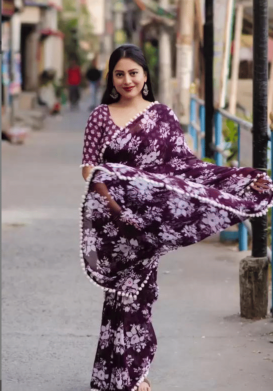     			VAANISRI Georgette Printed Regular Saree With Unstitched Blouse Piece ( Purple )