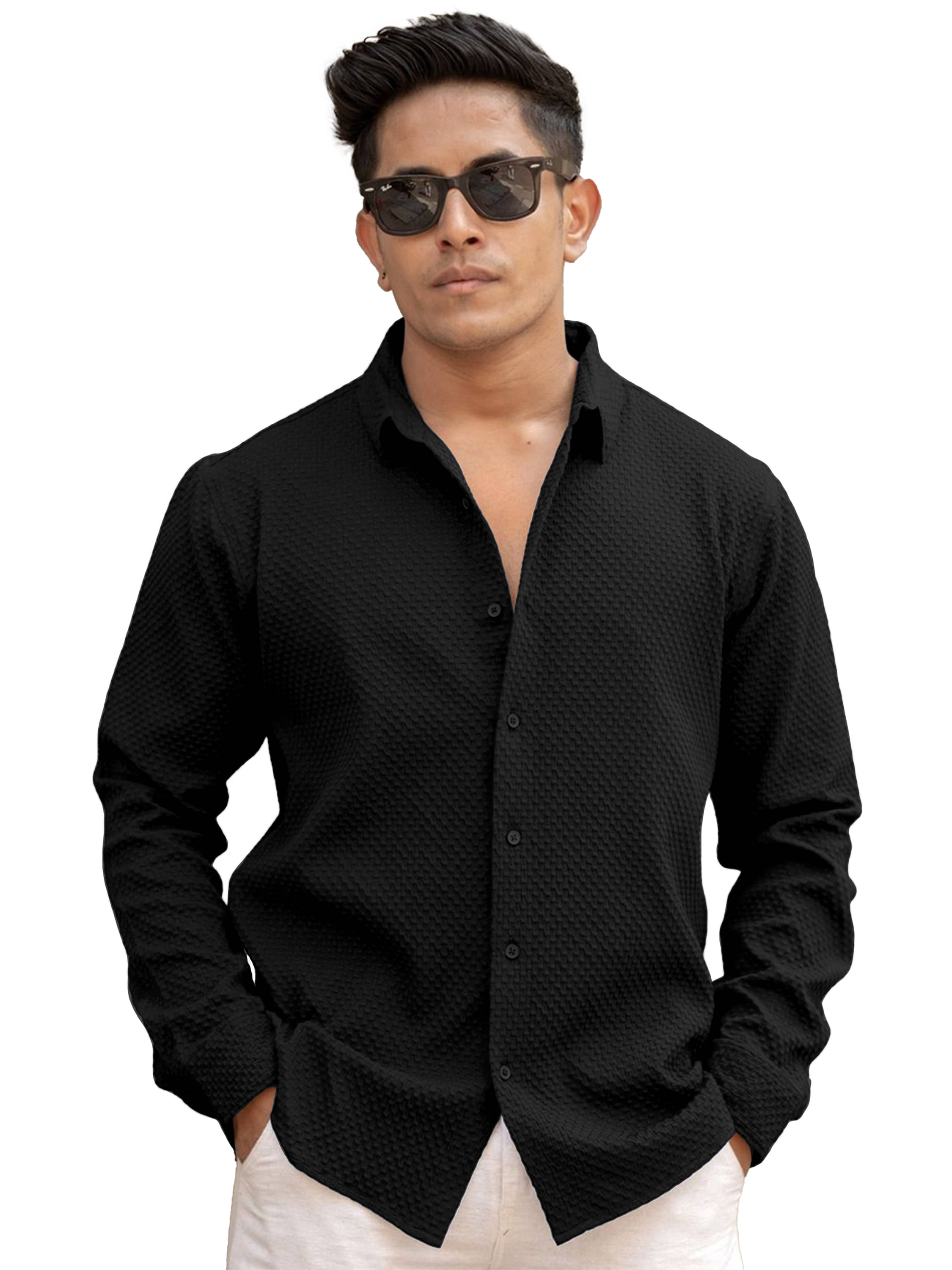 WEBRIC Cotton Blend Regular Fit Popcorn Textured Full Sleeves Men's Casual Shirt - Black ( Pack of 1 ) WEBRIC Cotton Blend Regular Fit Popcorn Textured Full Sleeves Men's Casual Shirt - Black ( Pack of 1 )