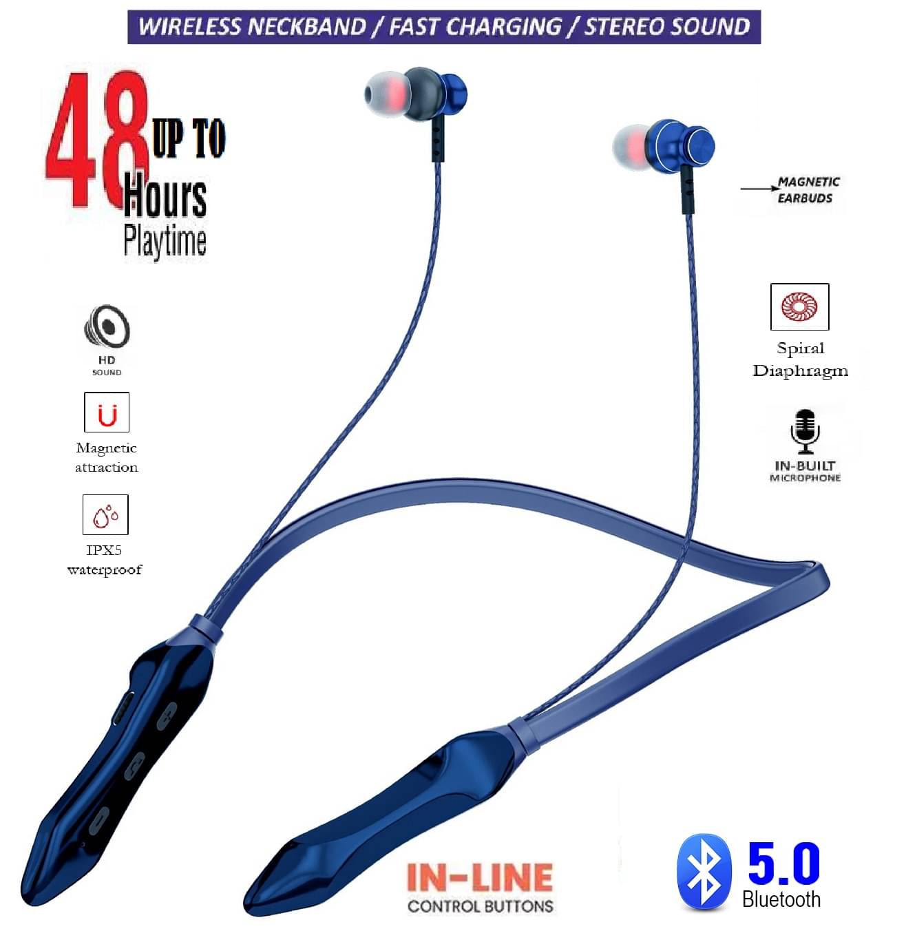     			Wireless Bluetooth Neckband with Built-in Mic – Comfortable True Wireless Earphones (Blue)
