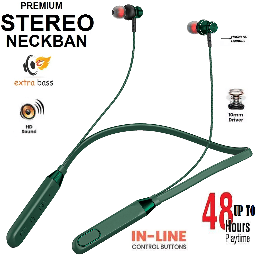     			Wireless Neckband Bluetooth Headset – 48 Hours Playback, Rich Bass & Clear Calls (Green)
