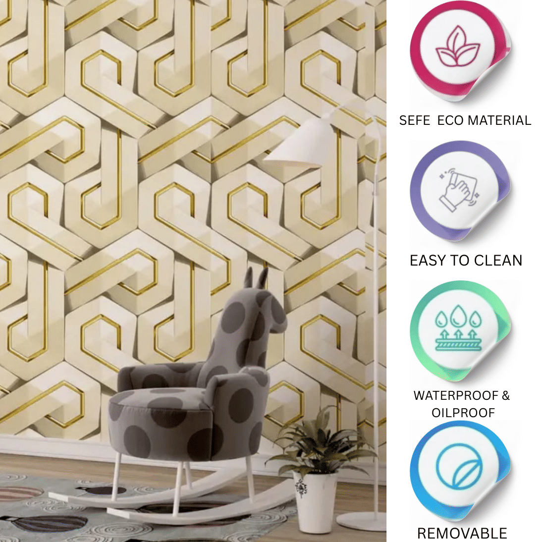     			ZAPPYPOP White & Gold Geometric Self Adhesive Wallpaper – 45 x 500 cm (Pack of 1)