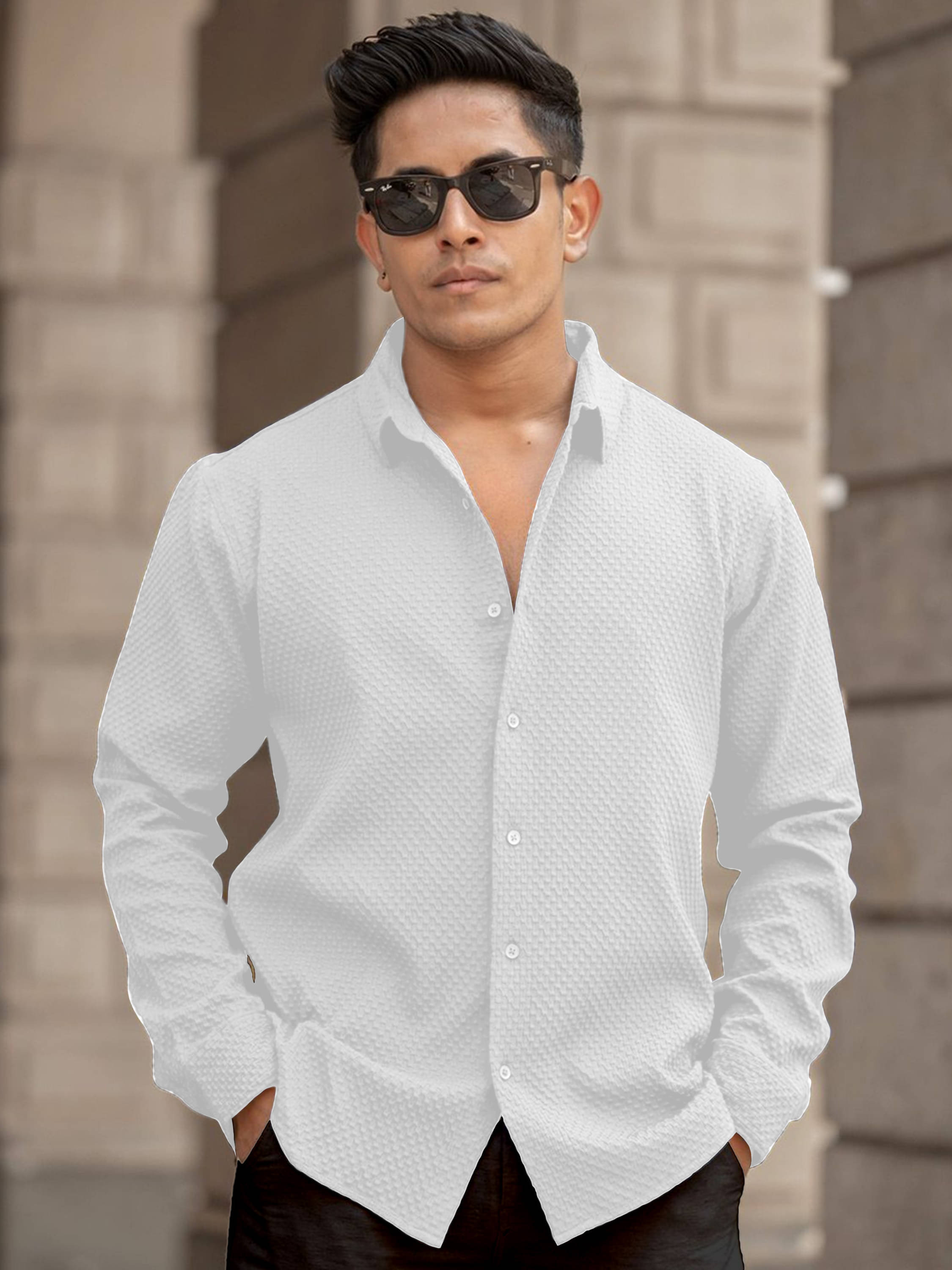 color bucket Cotton Blend Regular Fit Popcorn Textured Full Sleeves Men's Casual Shirt - White ( Pack of 1 )     			color bucket Cotton Blend Regular Fit Popcorn Textured Full Sleeves Men's Casual Shirt - White ( Pack of 1 )