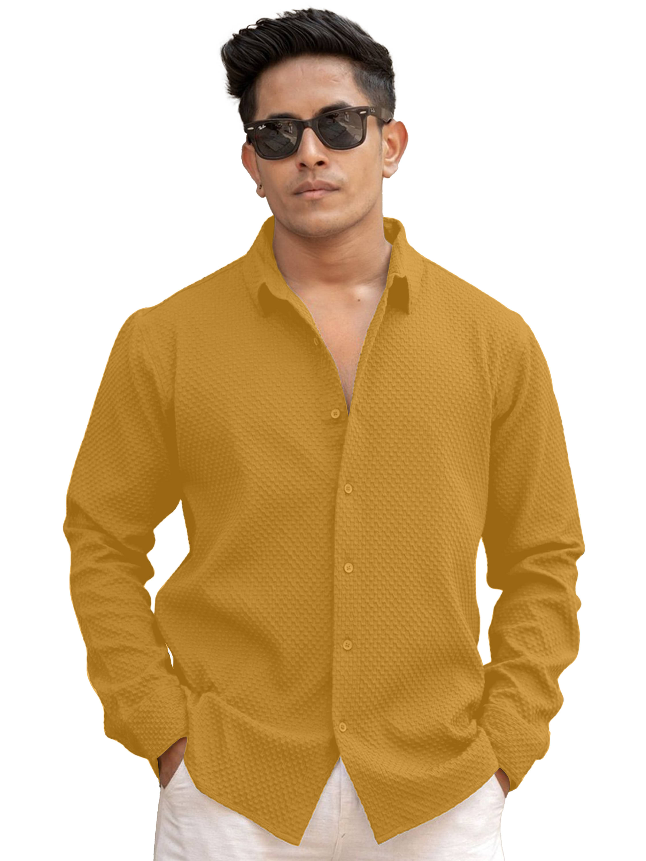     			color bucket Cotton Blend Regular Fit Popcorn Textured Full Sleeves Men's Casual Shirt - Yellow ( Pack of 1 )