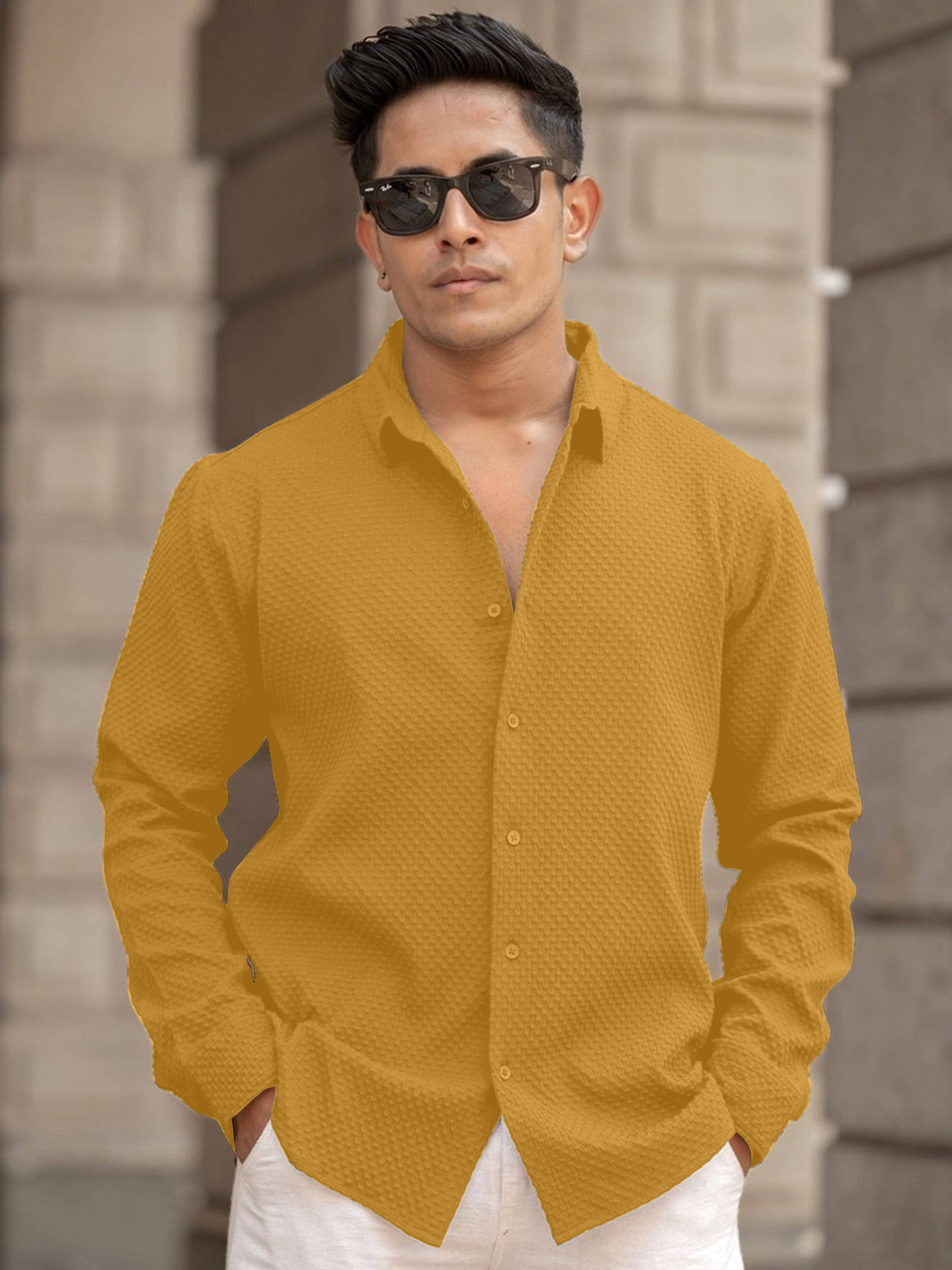     			color bucket Cotton Blend Regular Fit Popcorn Textured Full Sleeves Men's Casual Shirt - Yellow ( Pack of 1 )