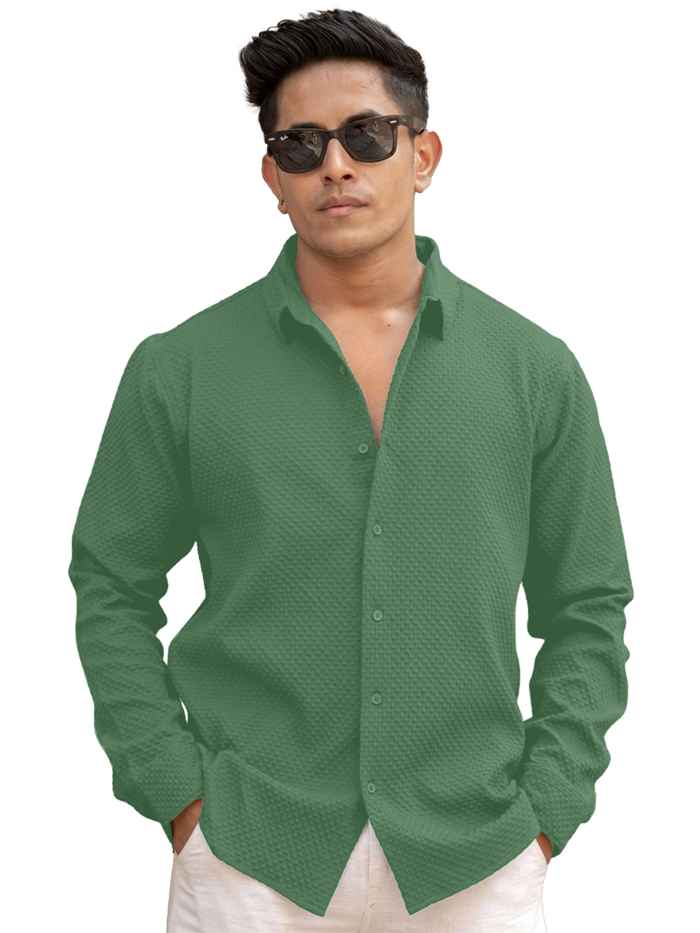 color bucket Cotton Blend Regular Fit Popcorn Textured Full Sleeves Men's Casual Shirt - Green ( Pack of 1 )