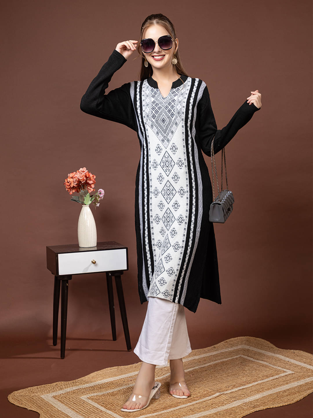     			tysort Women Woollen Printed A-line Kurti ( Yellow & Black )