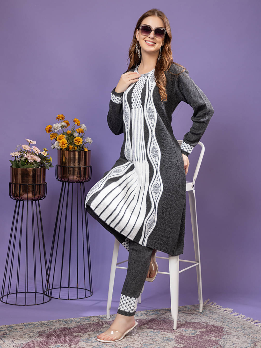 tysort Women Woollen Striped Anarkali Kurti With Pants ( Dark Grey )     			tysort Women Woollen Striped Anarkali Kurti With Pants ( Dark Grey )