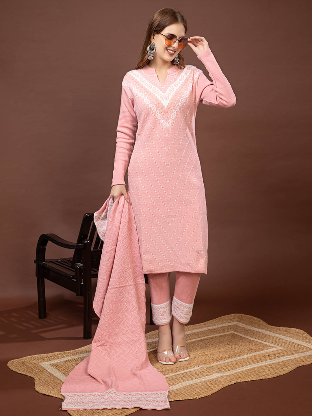 tysort Women Woollen Printed Anarkali Kurti With Pants ( Pink ) tysort Women Woollen Printed Anarkali Kurti With Pants ( Pink )