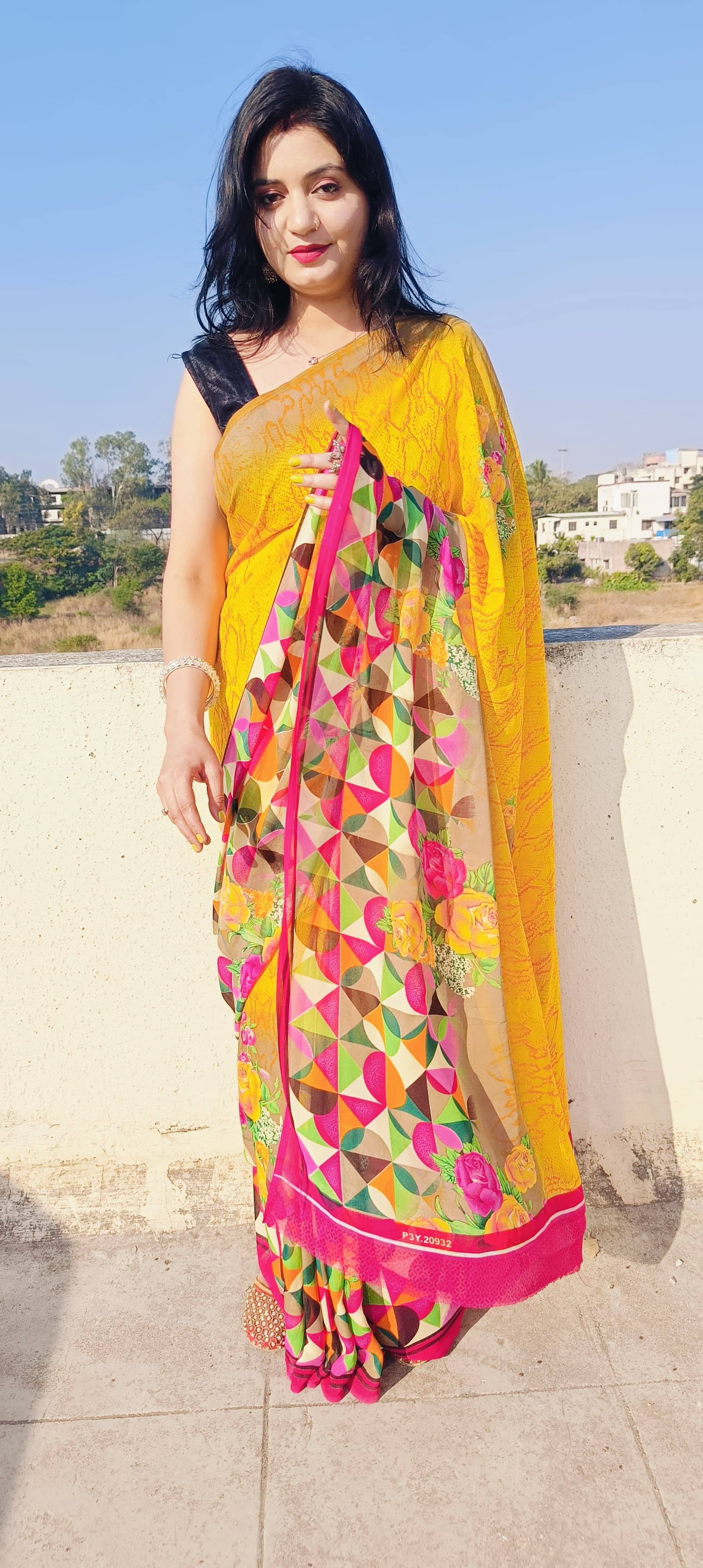     			ANAND SAREES Georgette Printed Ilkal Saree With Unstitched Blouse Piece ( YELLOW )