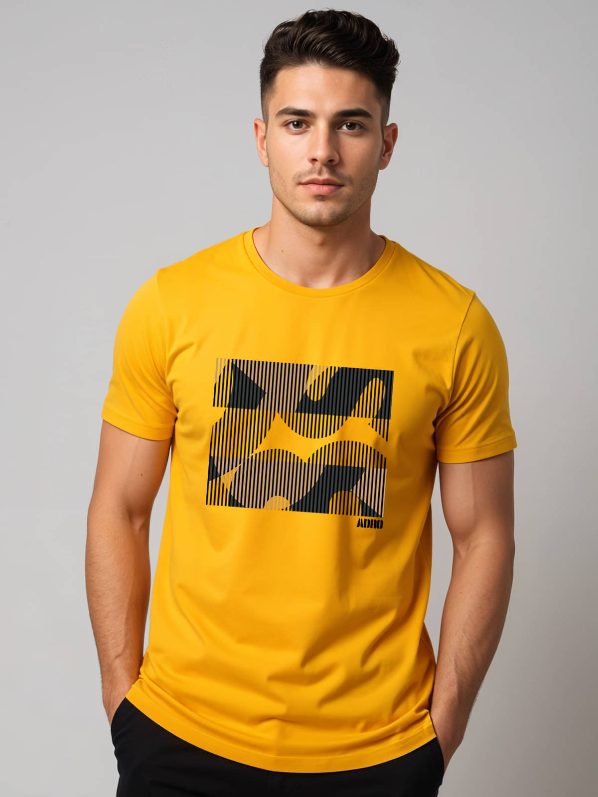Adro Men Cotton Blend Regular Fit Printed T-Shirt ( Mustard ) Adro Men Cotton Blend Regular Fit Printed T-Shirt ( Mustard )