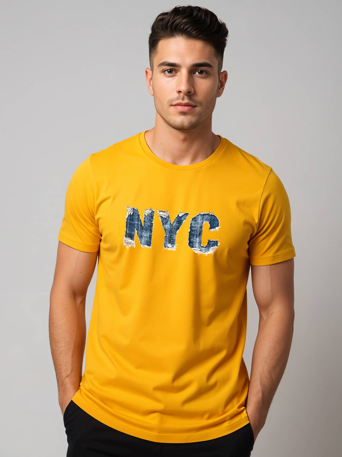     			Adro Men Cotton Blend Regular Fit Printed T-Shirt ( Mustard )