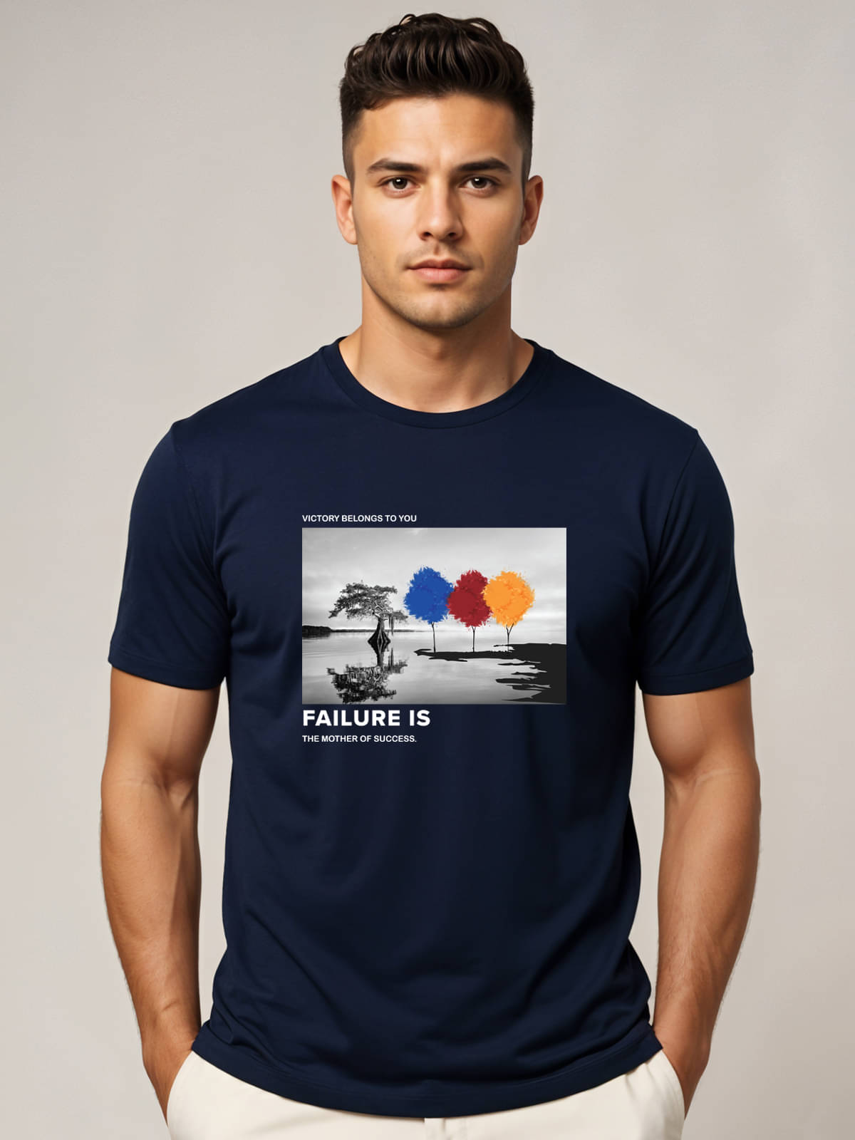     			Adro Men Cotton Blend Regular Fit Printed T-Shirt ( Navy )