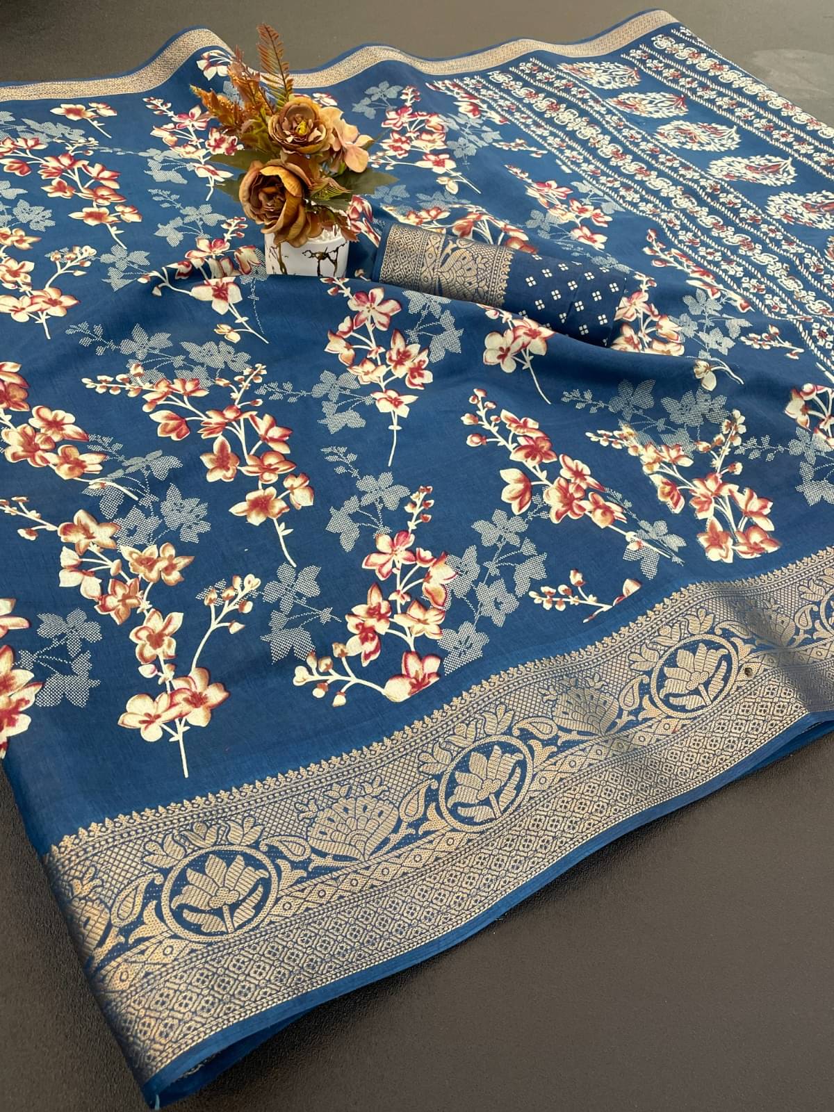     			INDIAN SILKS Viscose Printed Regular Saree With Unstitched Blouse Piece ( Navy Blue )