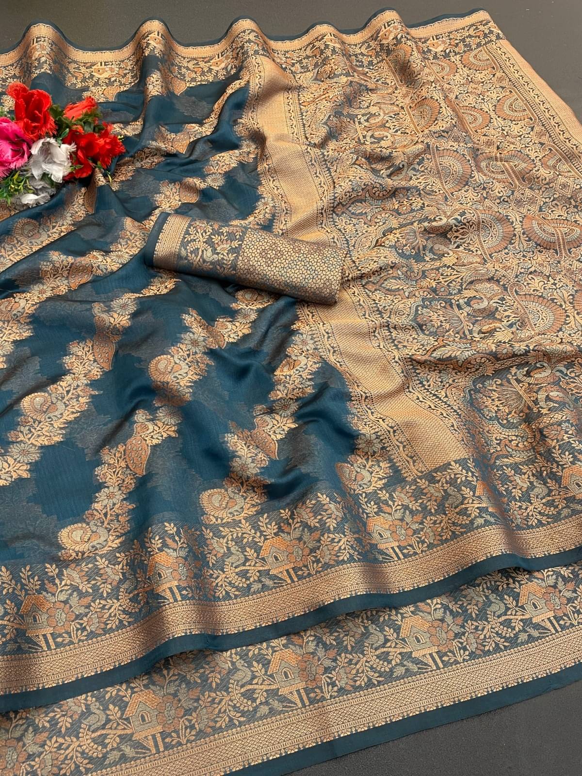 THE PRIVATE LABLE Organza Printed Regular Saree With Unstitched Blouse Piece ( Navy Blue ) THE PRIVATE LABLE Organza Printed Regular Saree With Unstitched Blouse Piece ( Navy Blue )