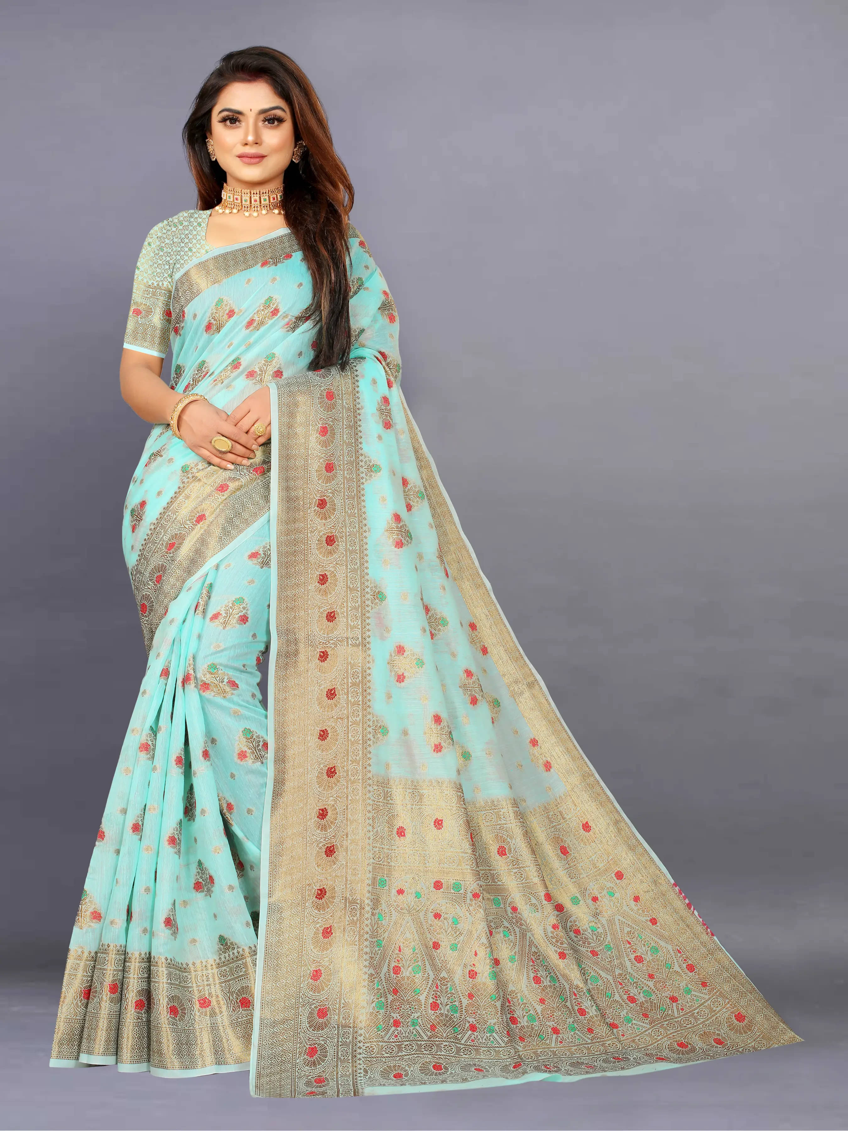 THE PRIVATE LABLE Viscose Printed Banarasi saree With Unstitched Blouse Piece ( Light Blue ) THE PRIVATE LABLE Viscose Printed Banarasi saree With Unstitched Blouse Piece ( Light Blue )
