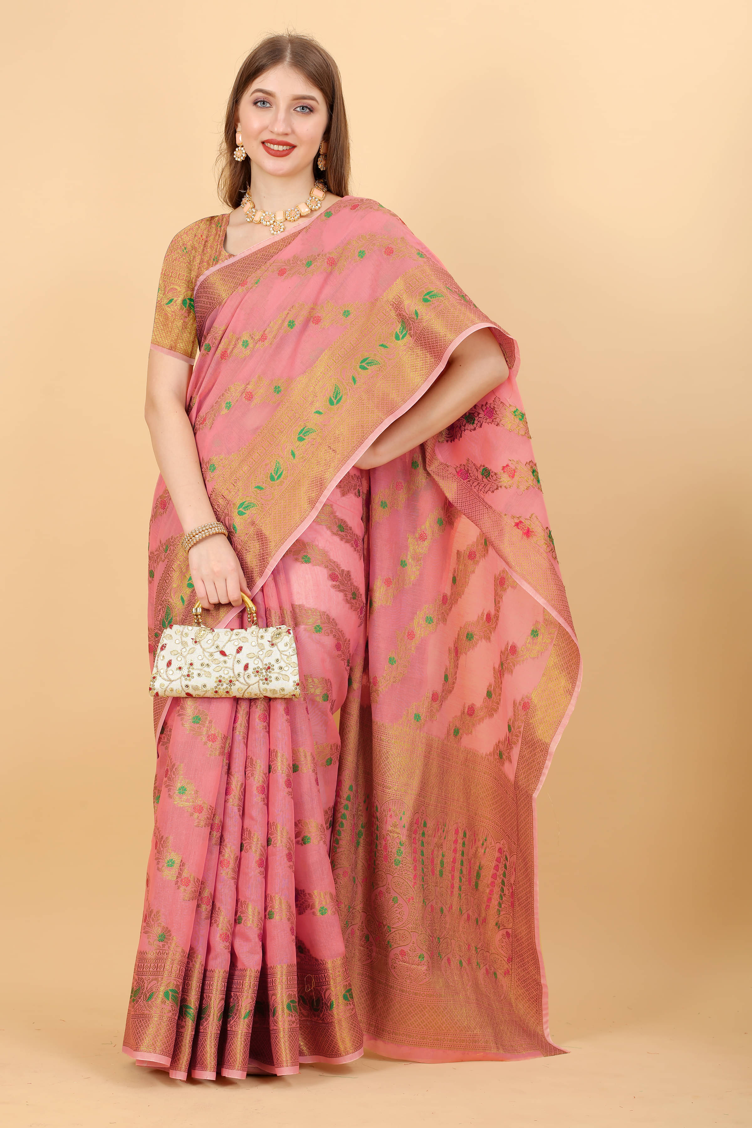 THE PRIVATE LABLE Viscose Printed Banarasi saree With Unstitched Blouse Piece ( Pink ) THE PRIVATE LABLE Viscose Printed Banarasi saree With Unstitched Blouse Piece ( Pink )