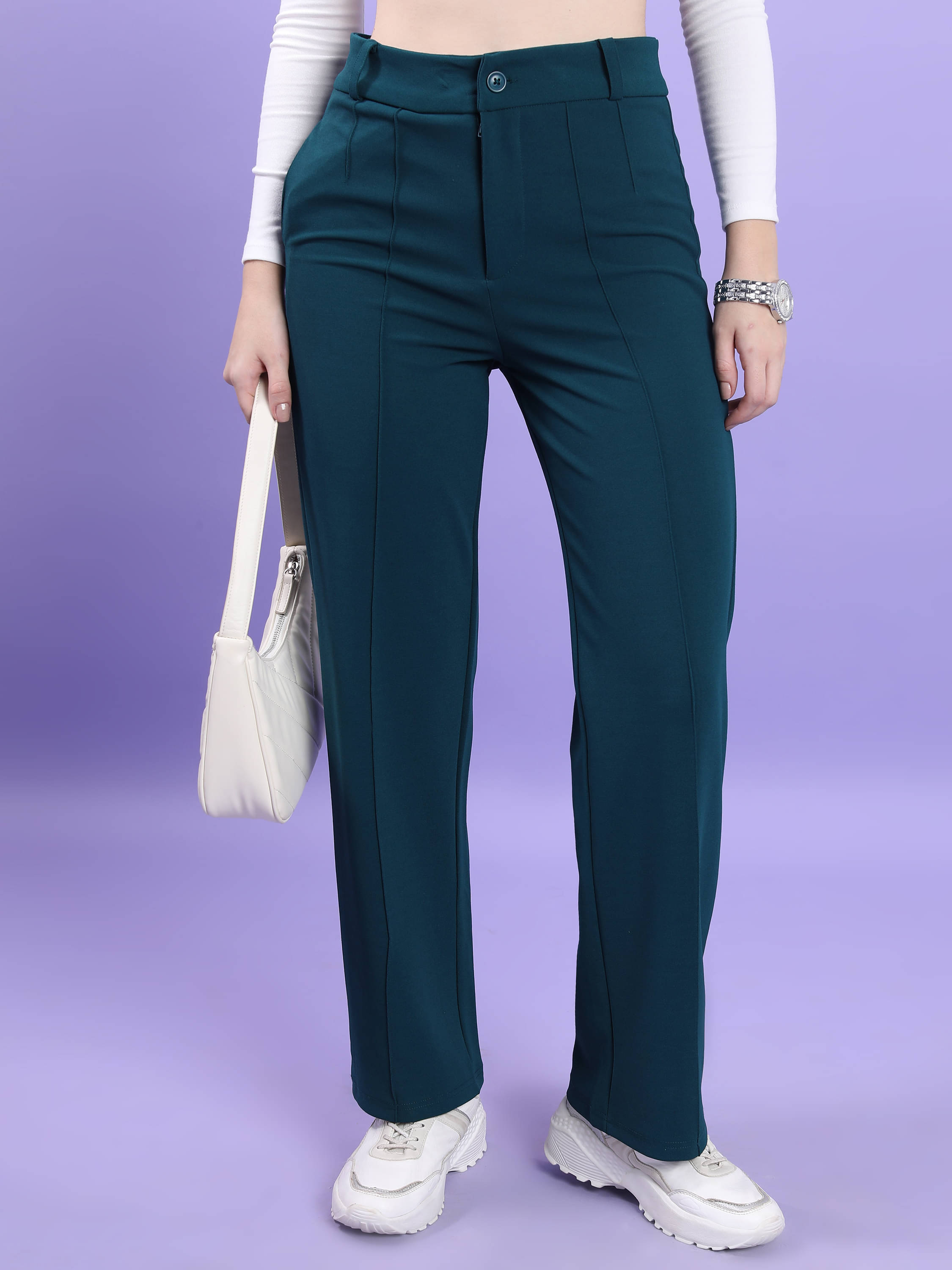     			Tokyo Talkies Women Polyester Casual Trousers ( Teal )