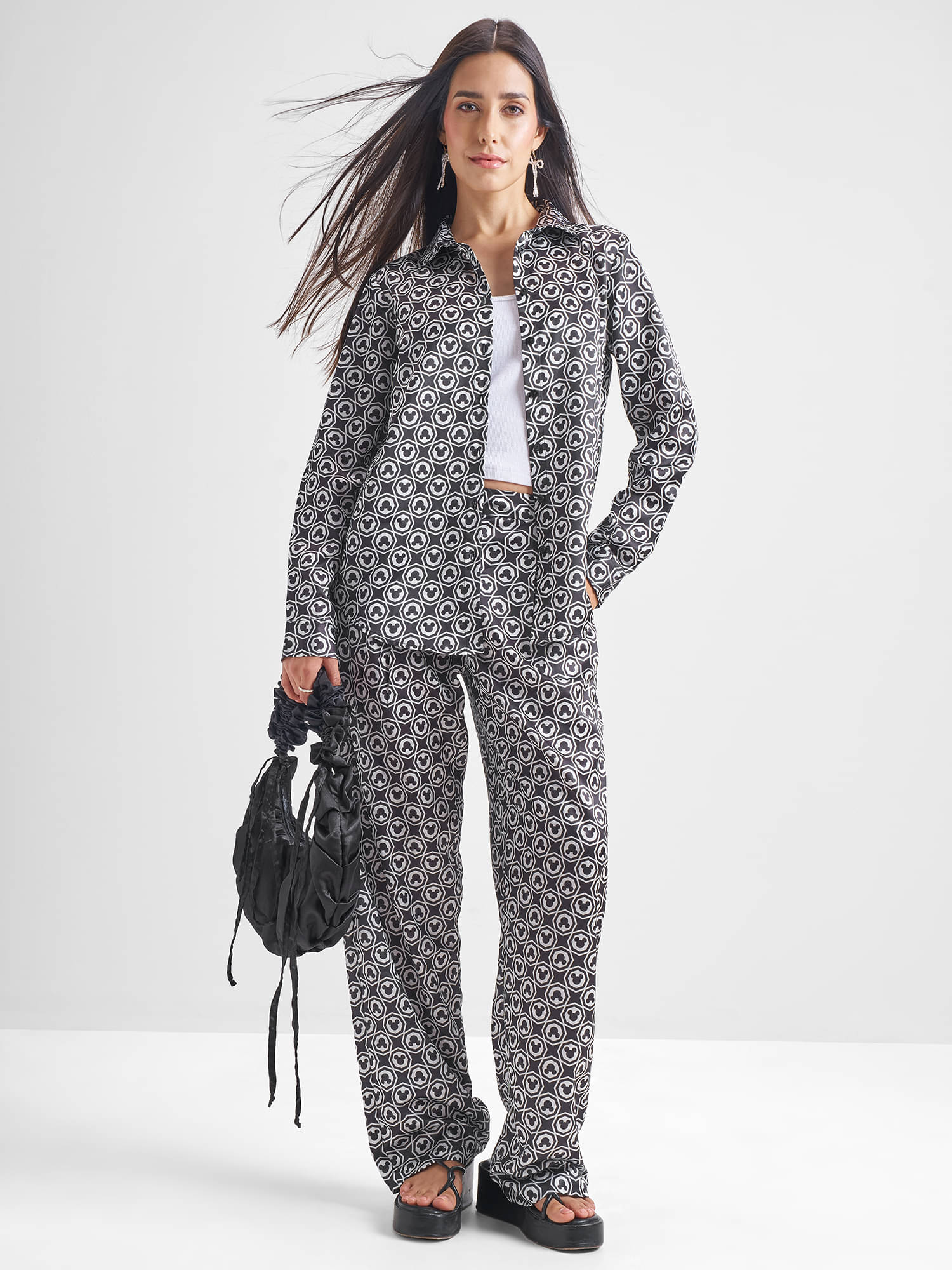 Tokyo Talkies Women Printed Shirt With Trousers Co-Ord Set ( Black ) Tokyo Talkies Women Printed Shirt With Trousers Co-Ord Set ( Black )