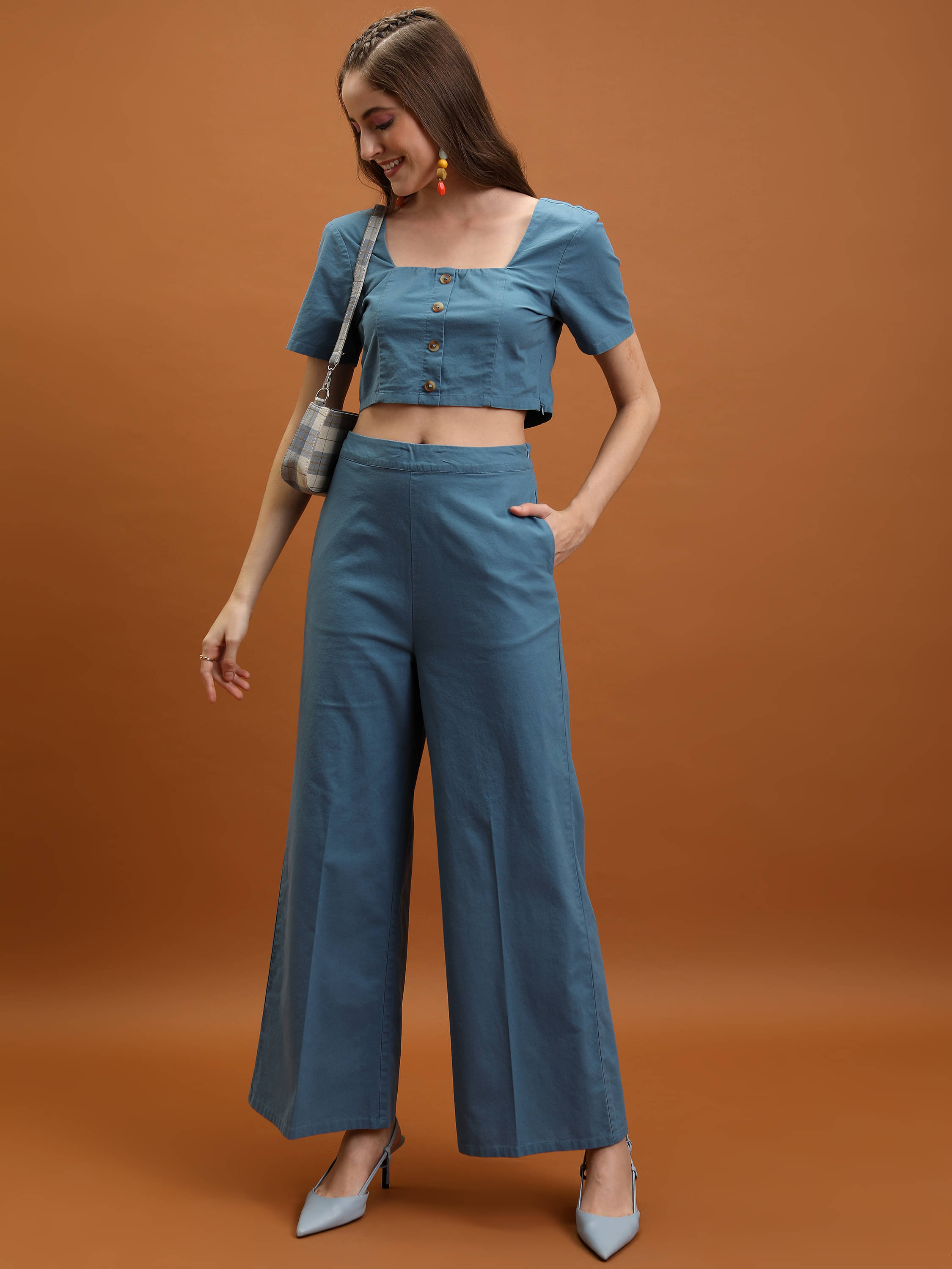     			Tokyo Talkies Women Solid Top With Trousers Co-Ord Set ( Blue )