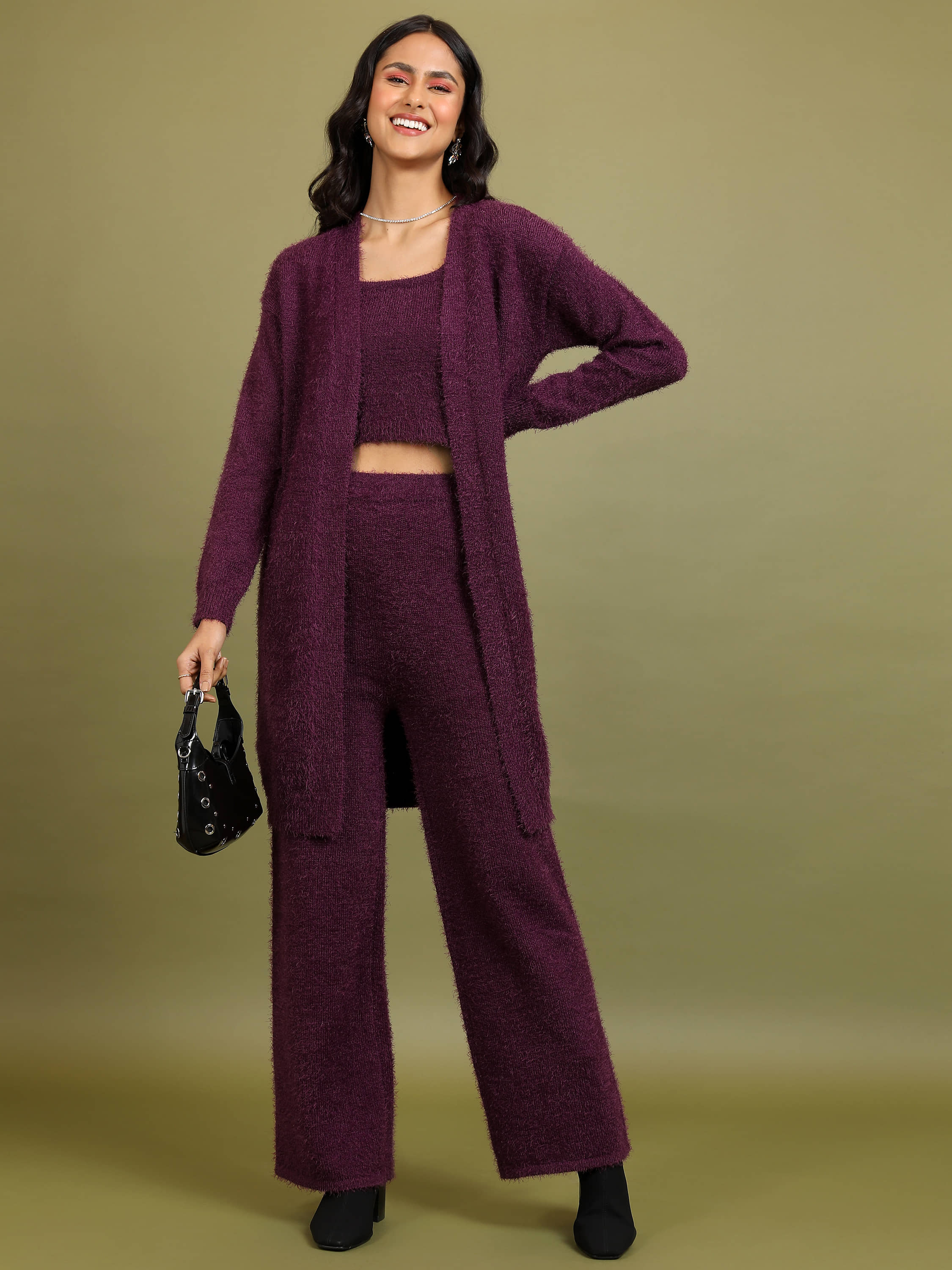 Tokyo Talkies Women Solid Top With Trousers Co-Ord Set ( Purple )