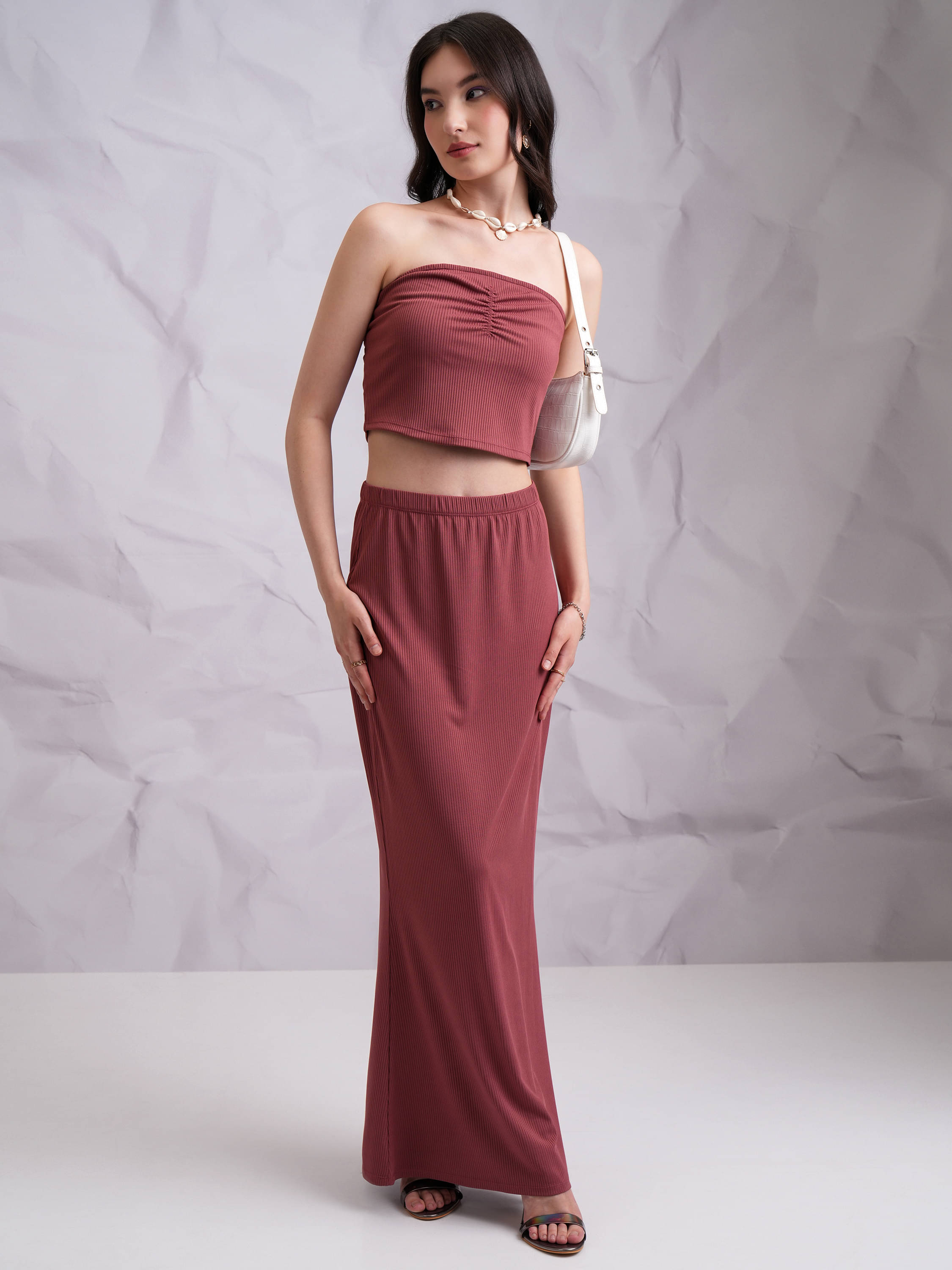     			Tokyo Talkies Women Solid Top With Skirt Co-Ord Set ( Red )