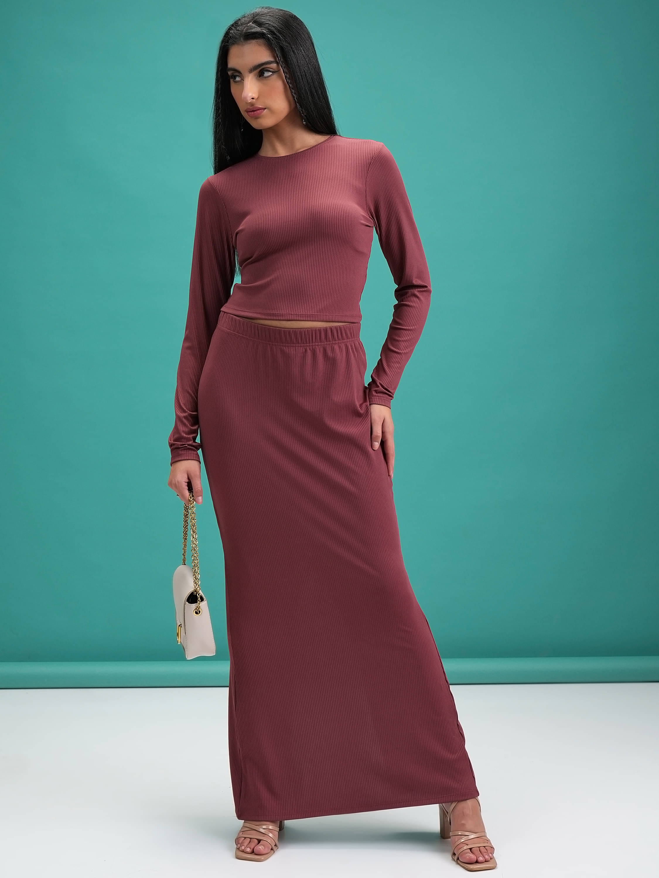     			Tokyo Talkies Women Solid Top With Skirt Co-Ord Set ( Red )