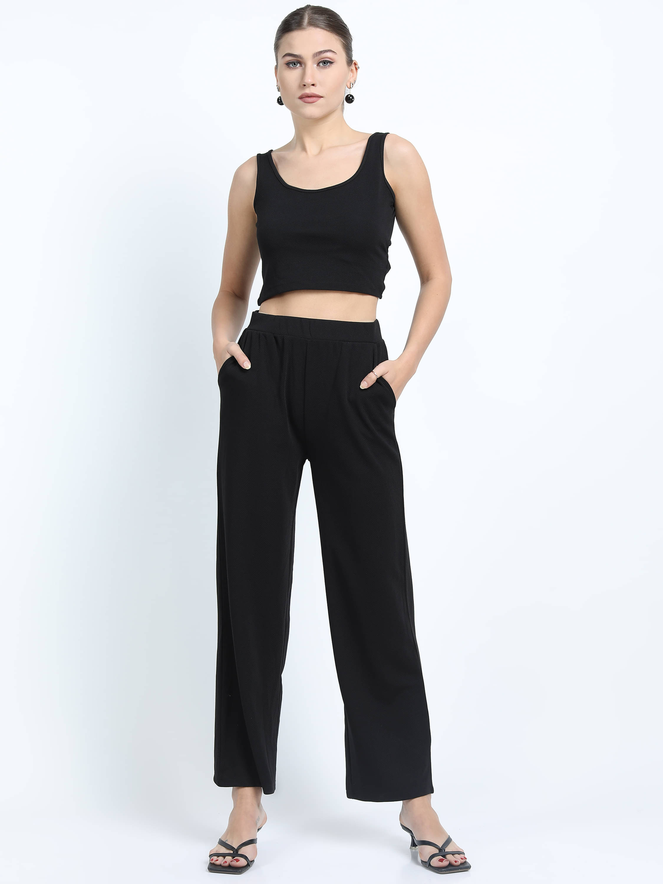     			Tokyo Talkies Women Solid Top With Trousers Co-Ord Set ( Black )