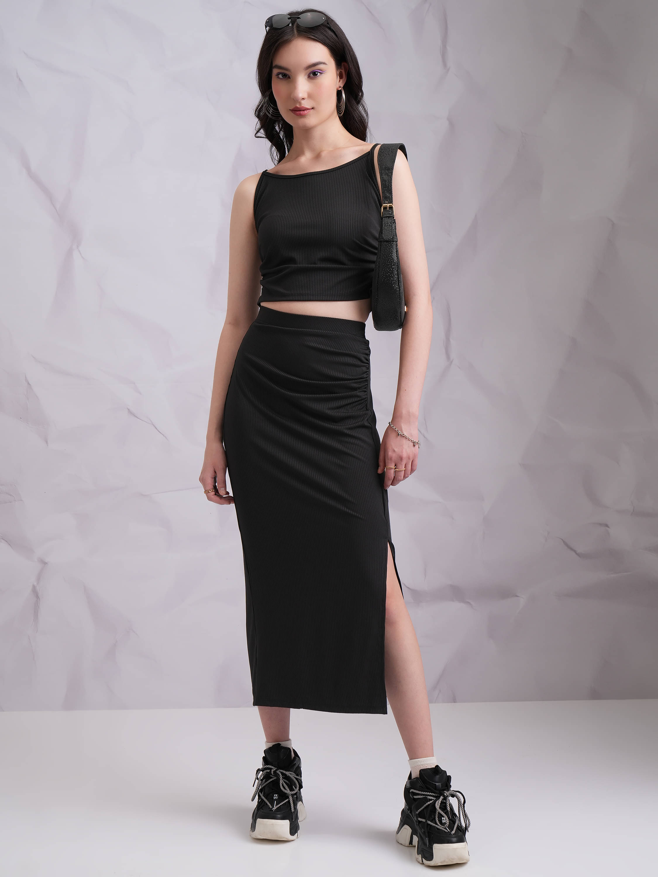     			Tokyo Talkies Women Solid Top With Skirt Co-Ord Set ( Black )