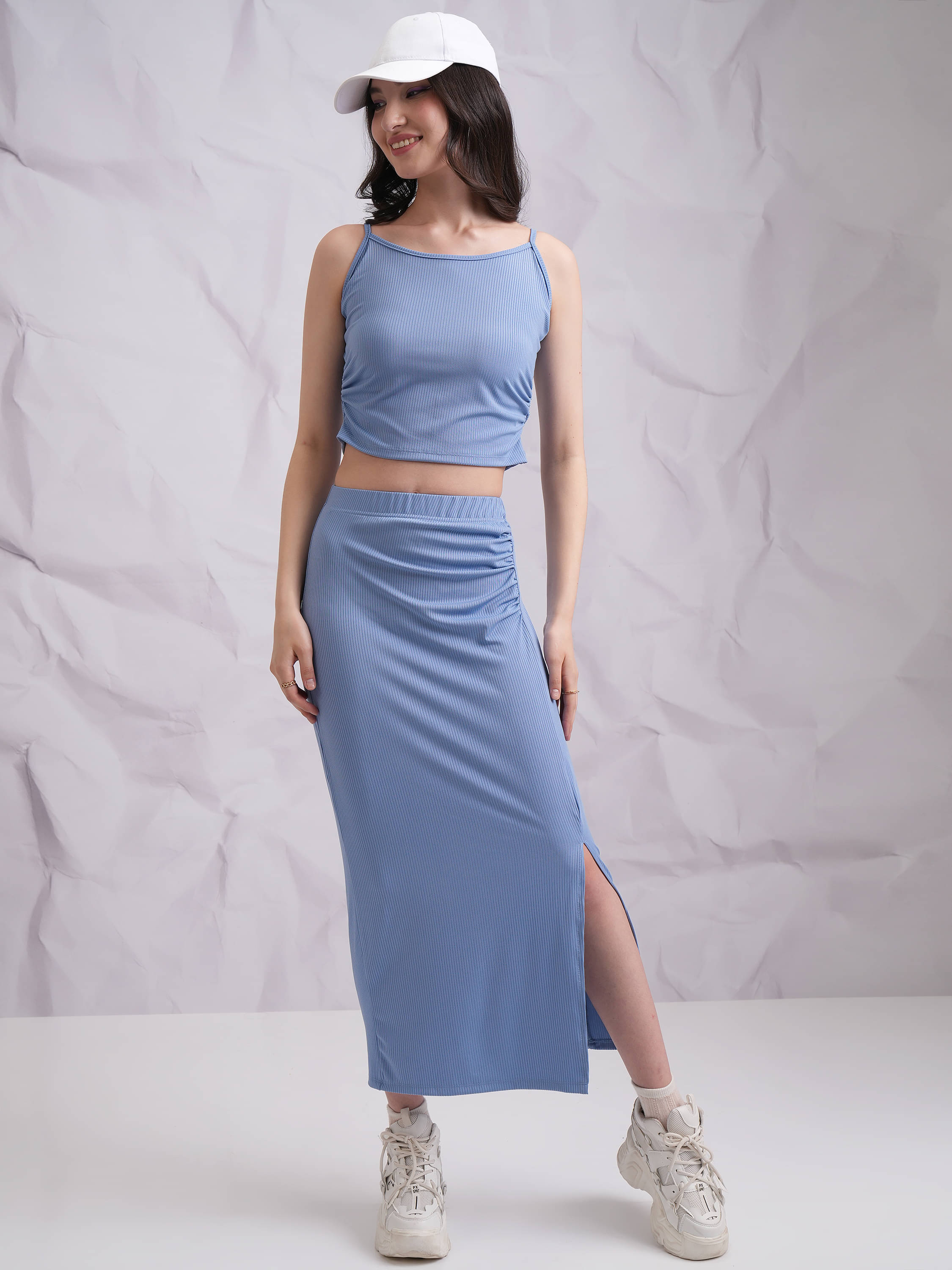     			Tokyo Talkies Women Solid Top With Skirt Co-Ord Set ( Blue )