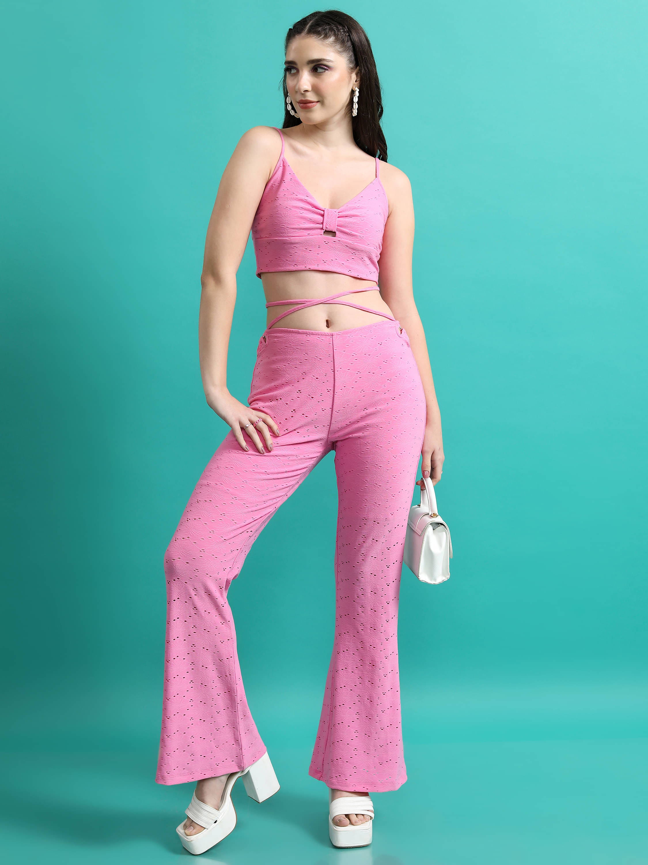     			Tokyo Talkies Women Solid Top With Trousers Co-Ord Set ( Pink )