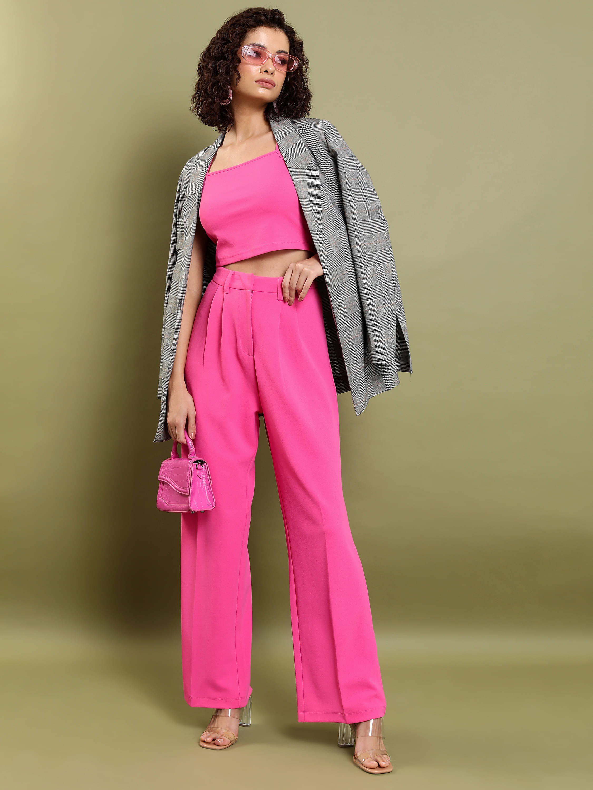    			Tokyo Talkies Women Solid Top With Trousers Co-Ord Set ( Pink )