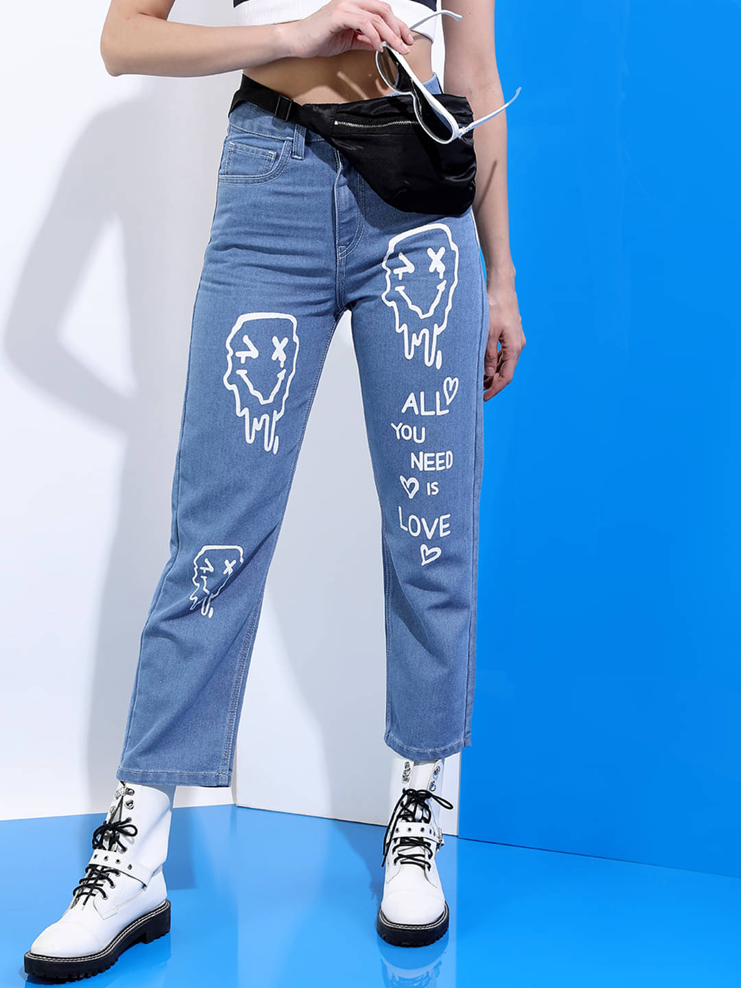     			Tokyo Talkies Women's Wide Leg Mid-Rise Jeans ( Blue )