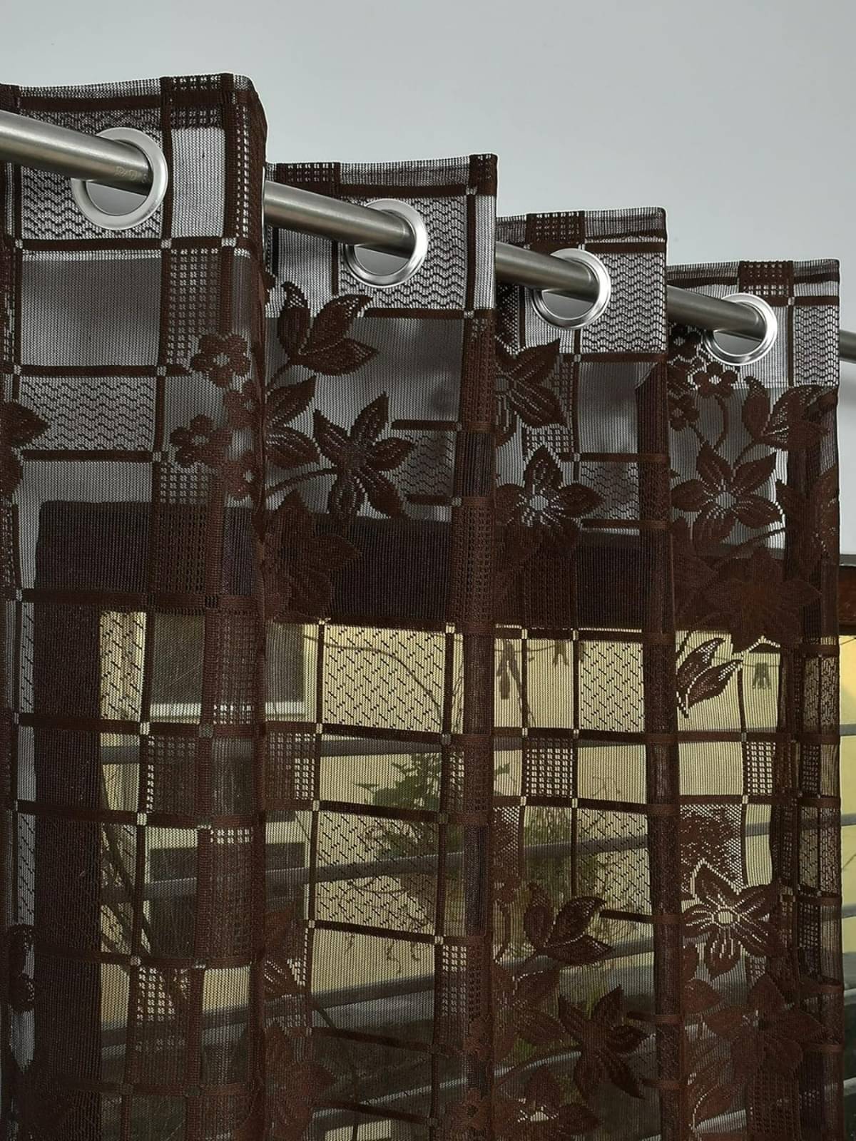 UrbanArts Floral Sheer Eyelet Curtain 5 ft ( Pack of 1 ) - Brown     			UrbanArts Floral Sheer Eyelet Curtain 5 ft ( Pack of 1 ) - Brown