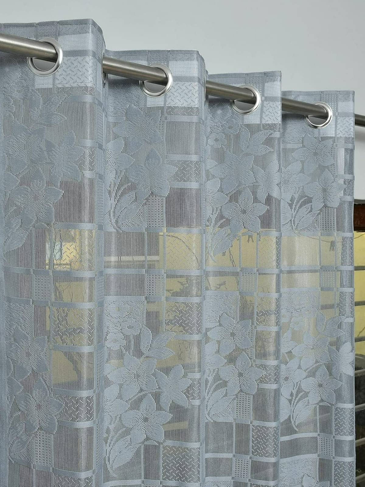 UrbanArts Floral Sheer Eyelet Curtain 9 ft ( Pack of 2 ) - Grey UrbanArts Floral Sheer Eyelet Curtain 9 ft ( Pack of 2 ) - Grey