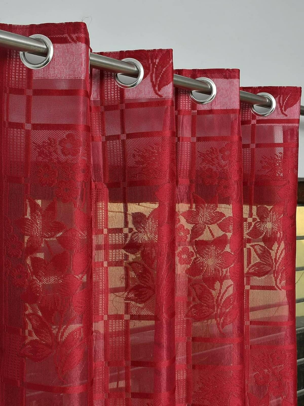     			UrbanArts Floral Sheer Eyelet Curtain 5 ft ( Pack of 2 ) - Maroon