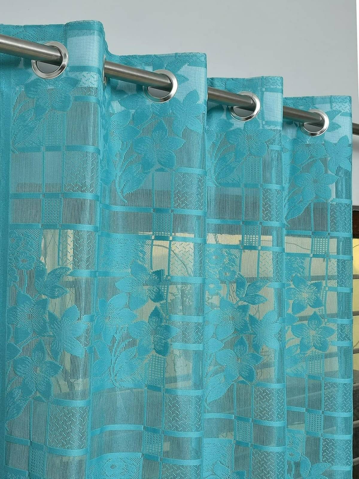 UrbanArts Floral Sheer Eyelet Curtain 7 ft ( Pack of 2 ) - Aqua UrbanArts Floral Sheer Eyelet Curtain 7 ft ( Pack of 2 ) - Aqua