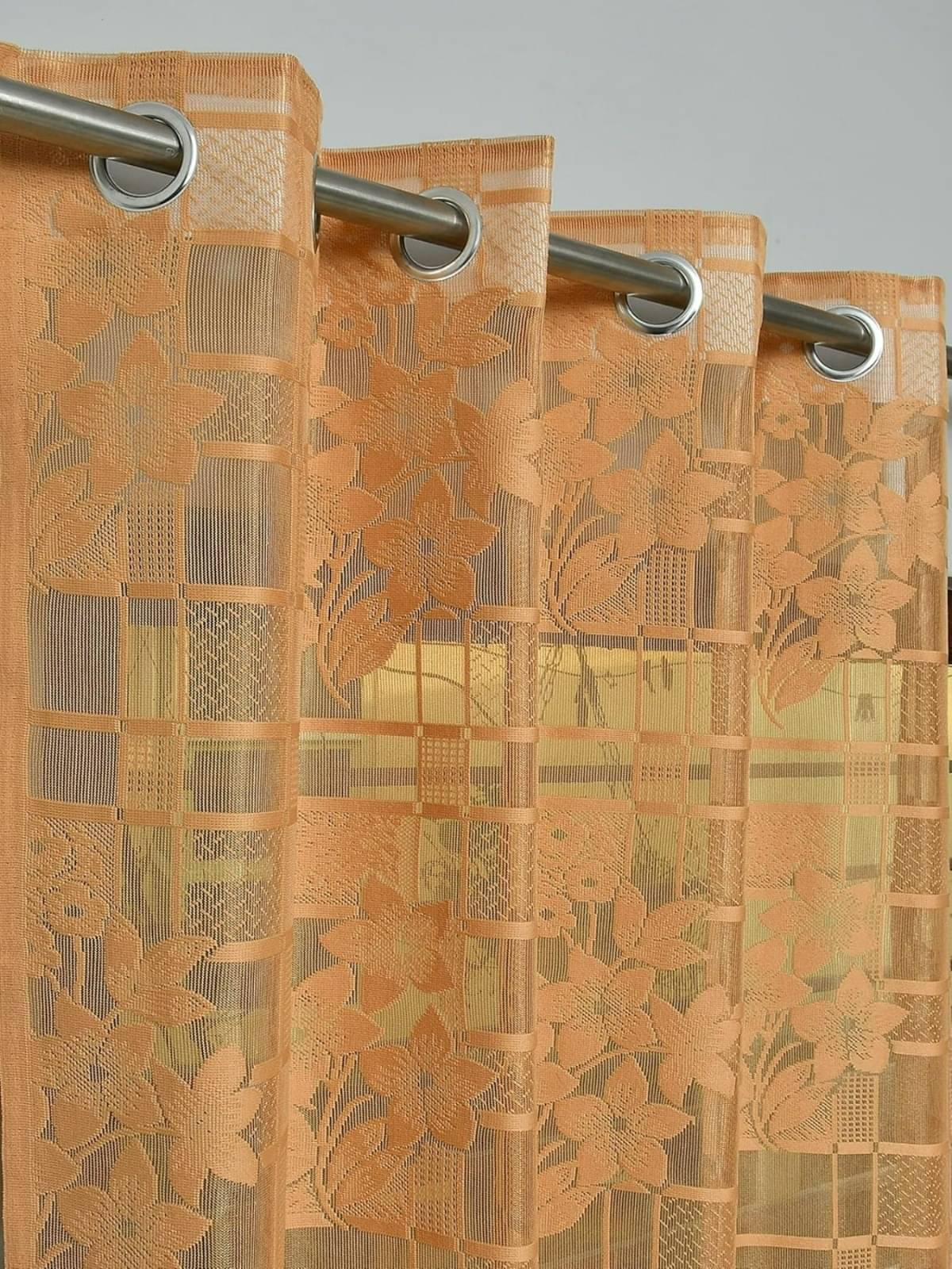UrbanArts Floral Sheer Eyelet Curtain 7 ft ( Pack of 2 ) - Gold     			UrbanArts Floral Sheer Eyelet Curtain 7 ft ( Pack of 2 ) - Gold