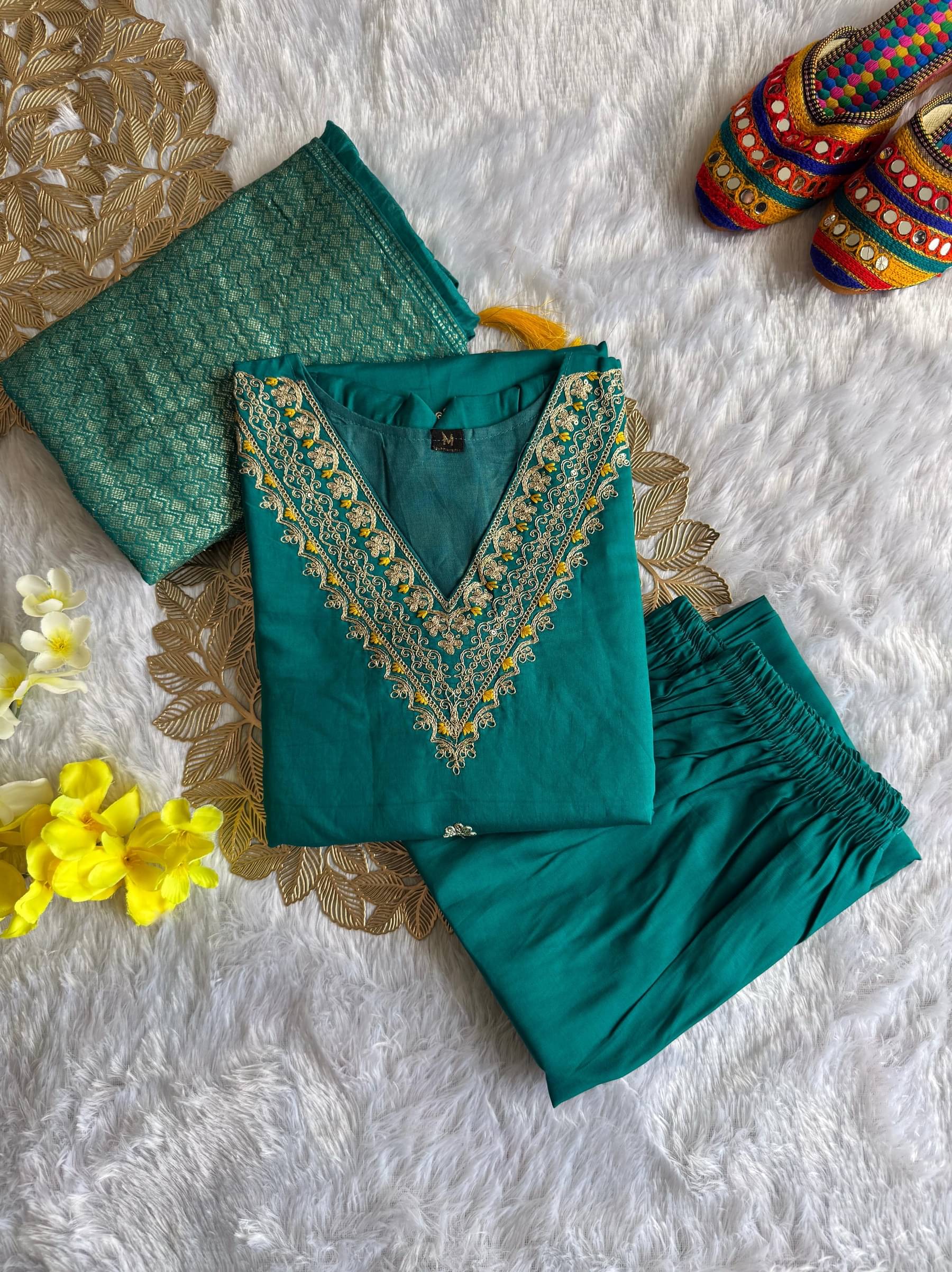     			VT NX Women Viscose Embroidered Straight Kurti With Pants ( Teal )