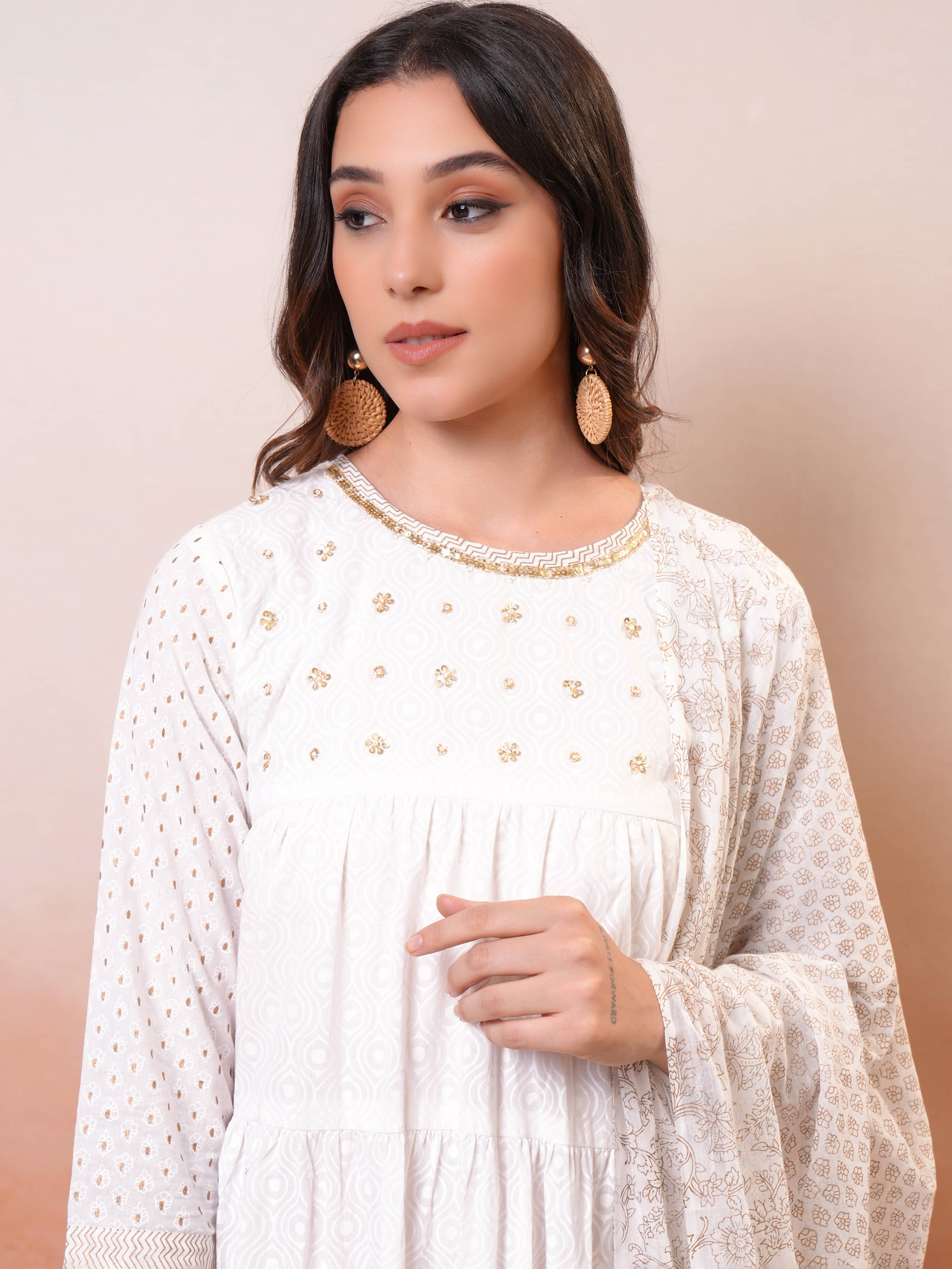     			Vishudh Women Cotton Embroidered Maxi ( White )
