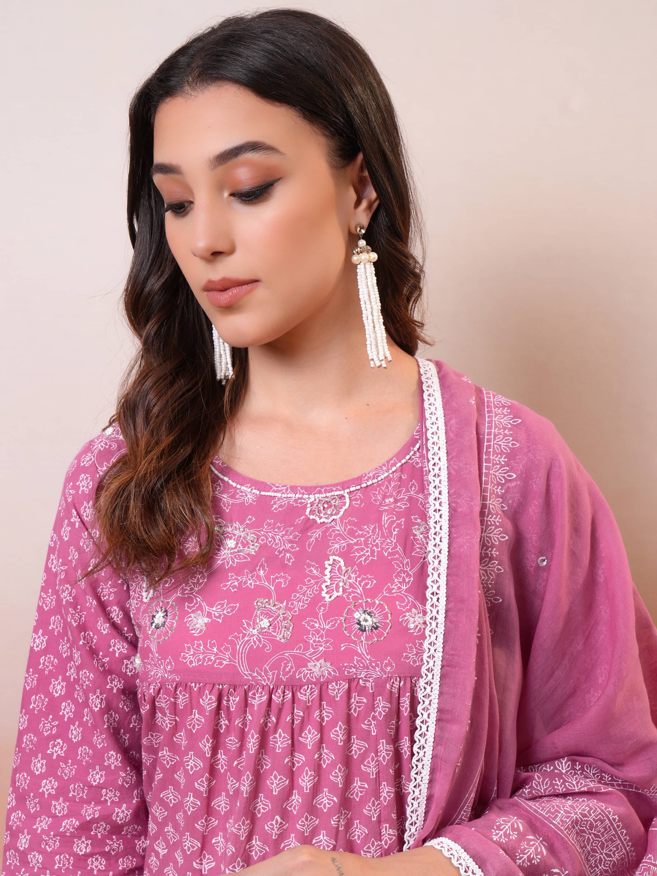 Vishudh Women Cotton Embroidered Maxi ( Mauve ) Vishudh Women Cotton Embroidered Maxi ( Mauve )
