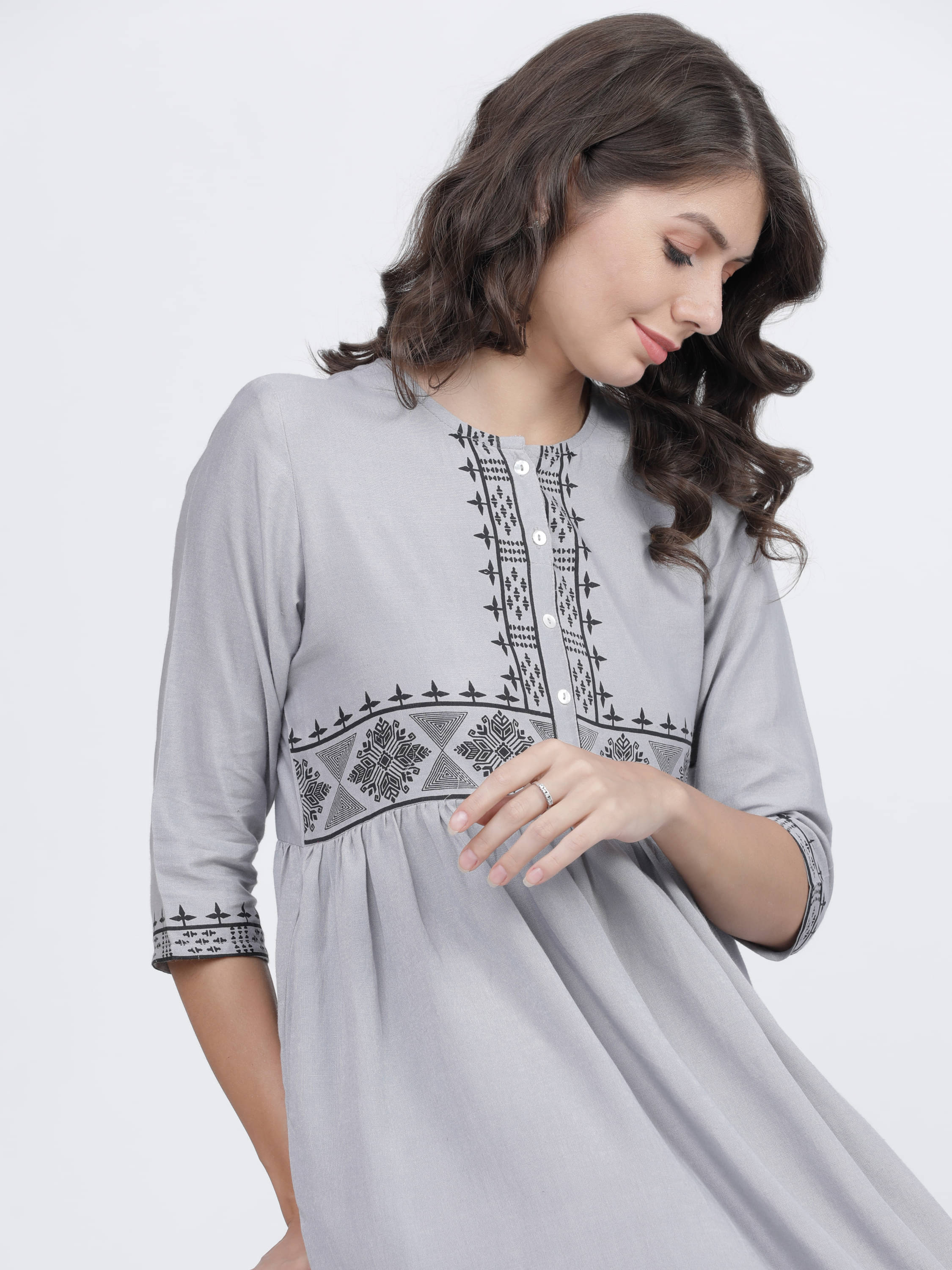 Vishudh Women Cotton Printed A-line Dress ( Grey )     			Vishudh Women Cotton Printed A-line Dress ( Grey )