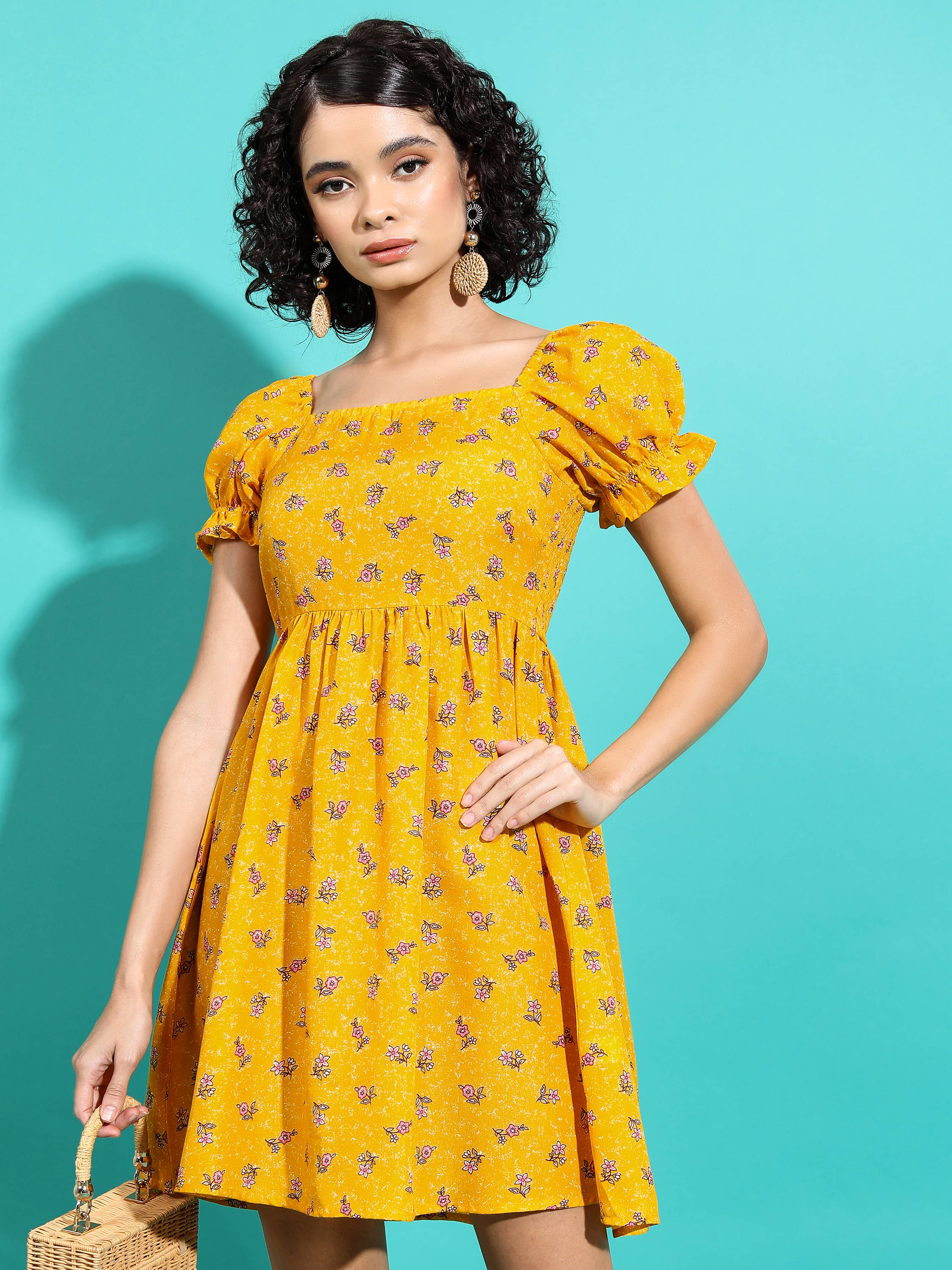     			Vishudh Women Polyester Printed Fit & Flare Dress ( Mustard )
