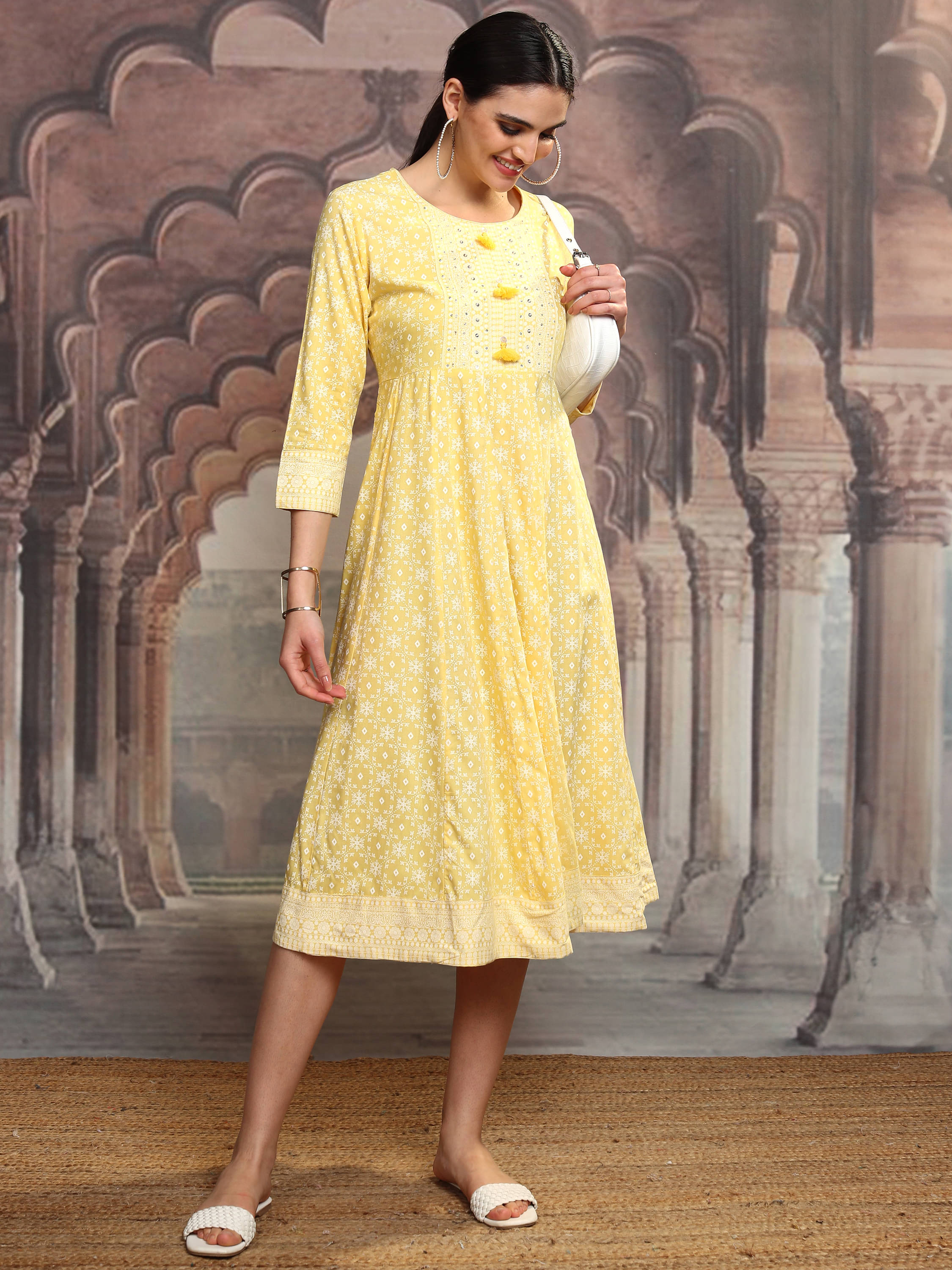     			Vishudh Women Rayon Embroidered A-line Dress ( Yellow )