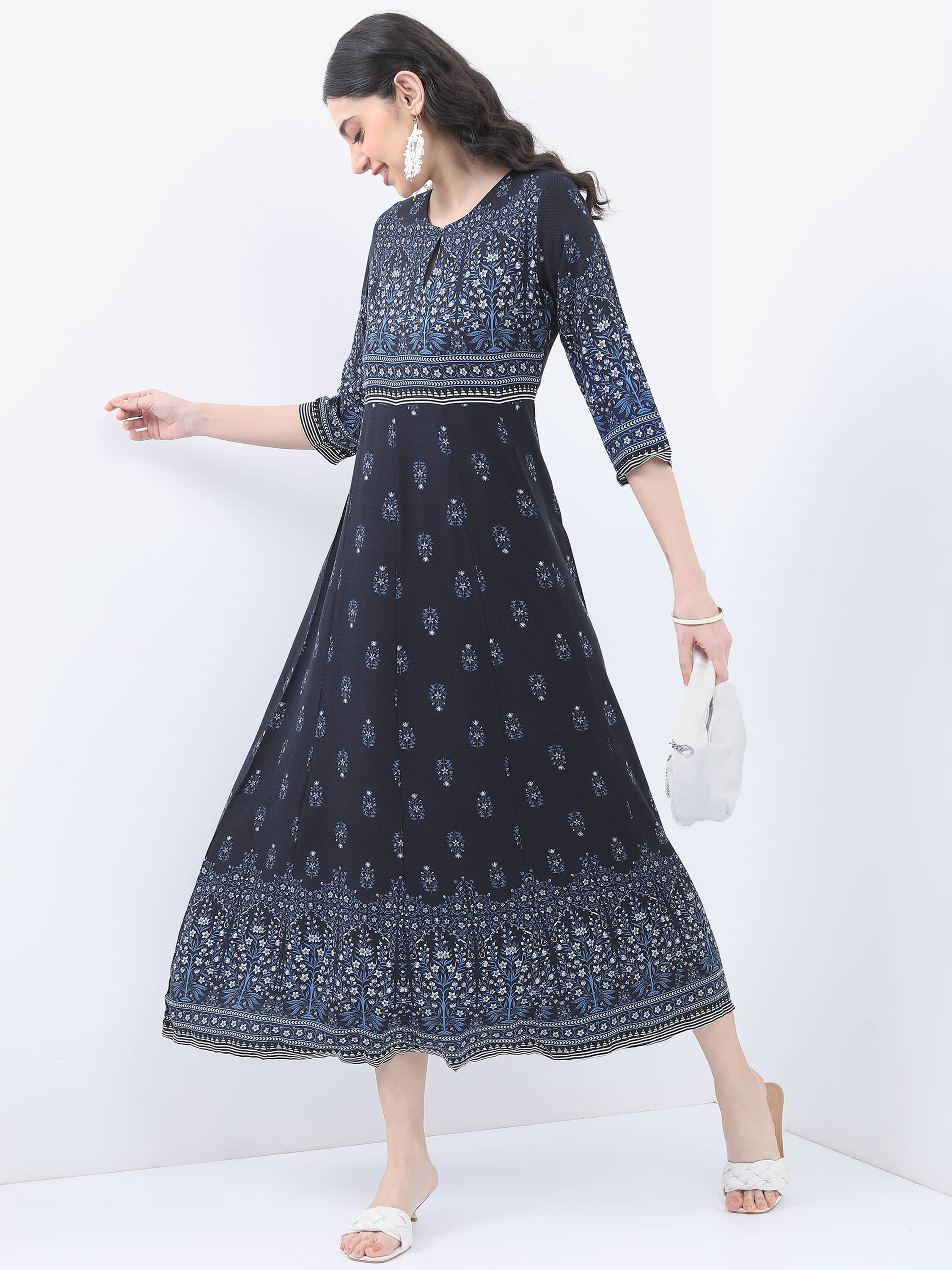     			Vishudh Women Viscose Printed A-line Dress ( Navy )