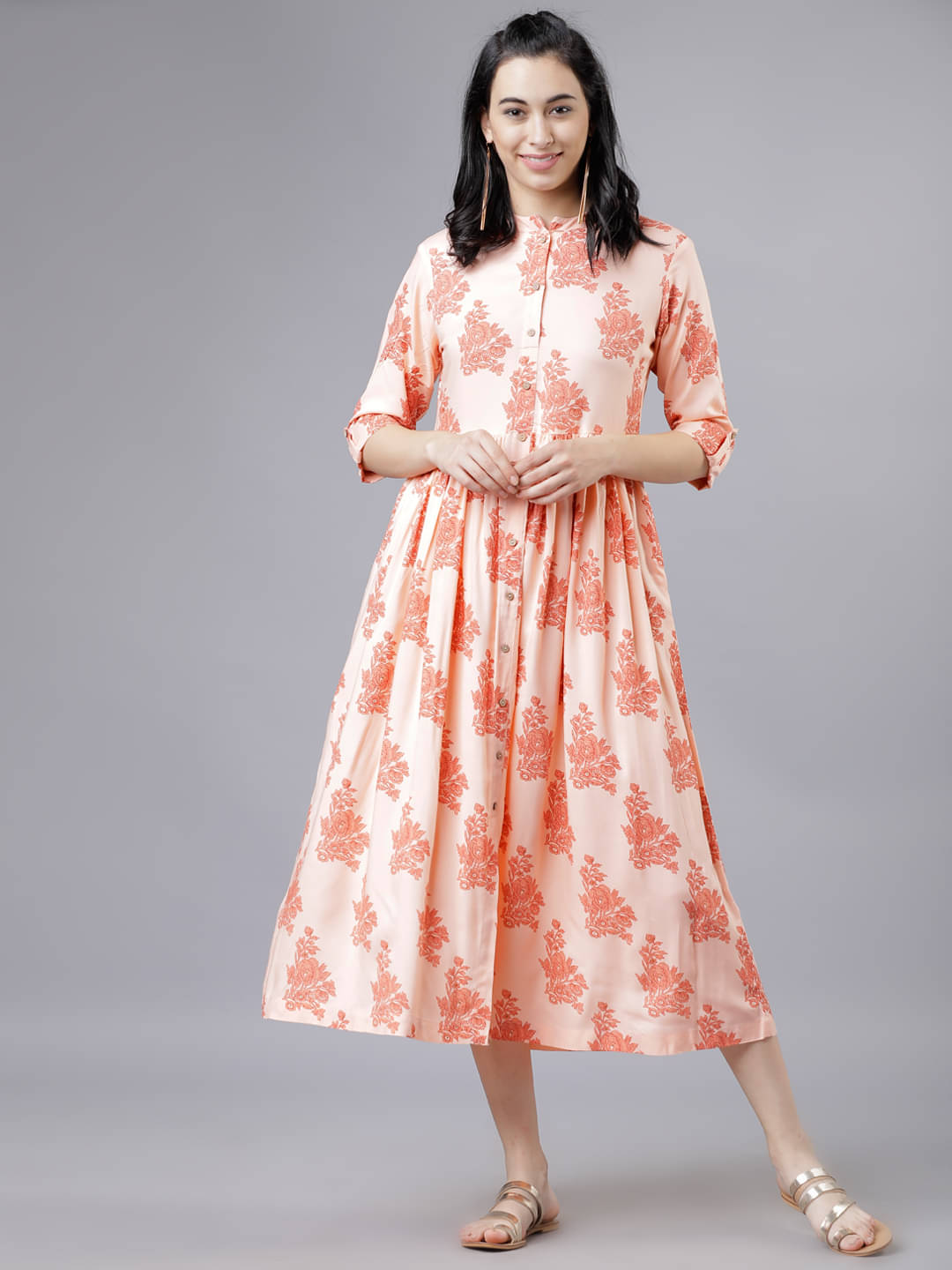     			Vishudh Women Viscose Printed Fit & Flare Dress ( Brown )
