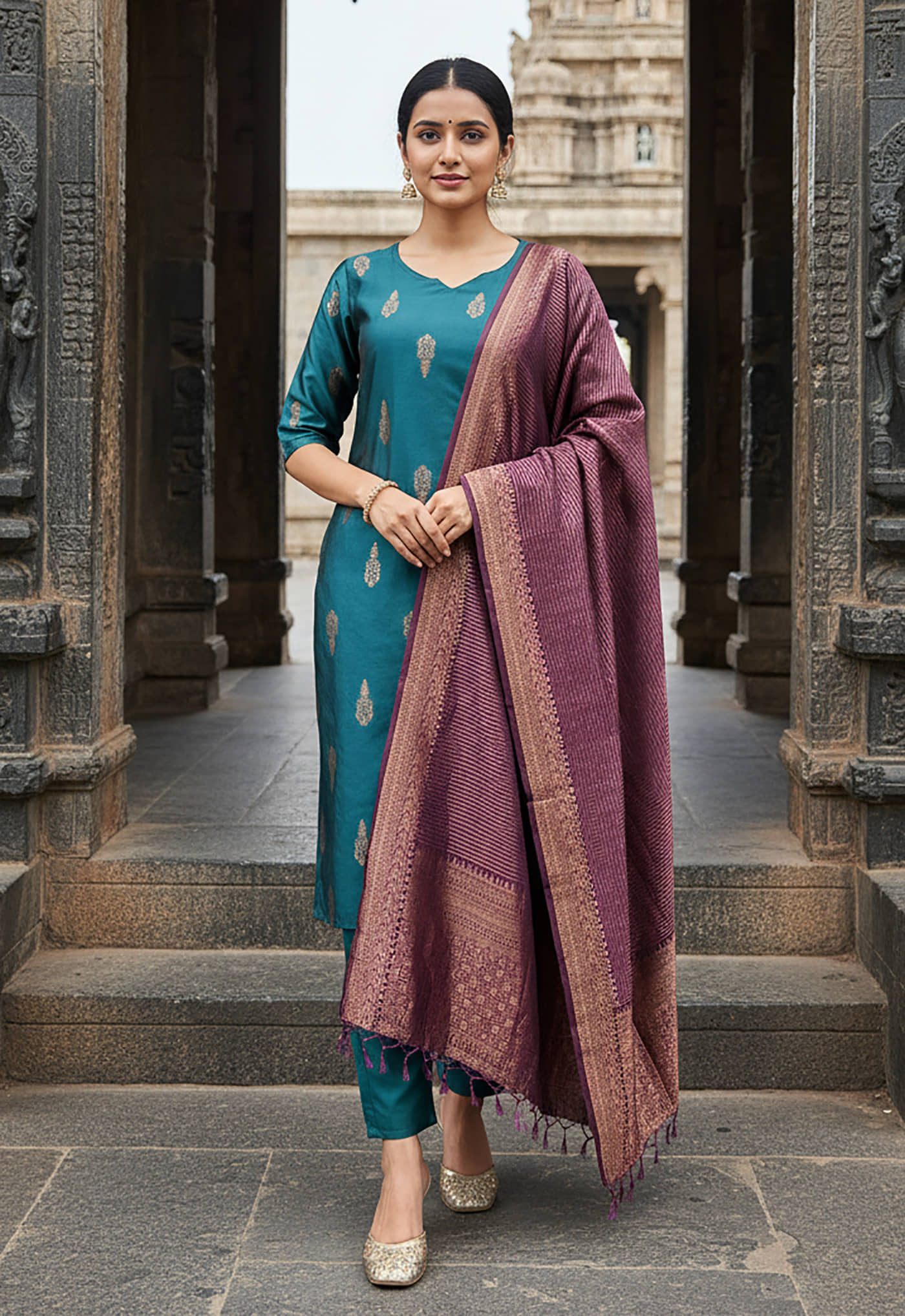 kedar fab Women Silk Blend Self Design Straight Kurti With Pants ( Teal )