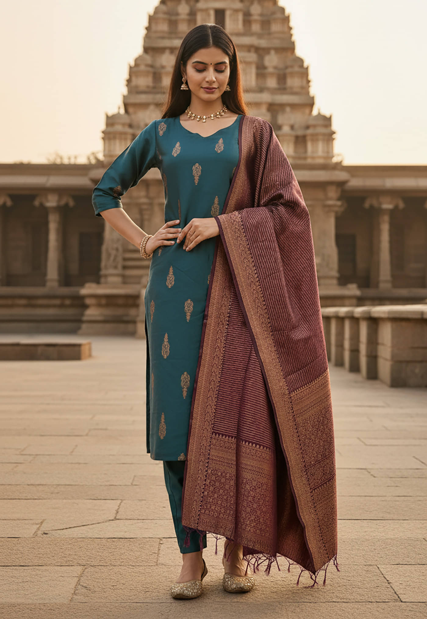     			kedar fab Women Silk Blend Self Design Straight Kurti With Pants ( Teal )