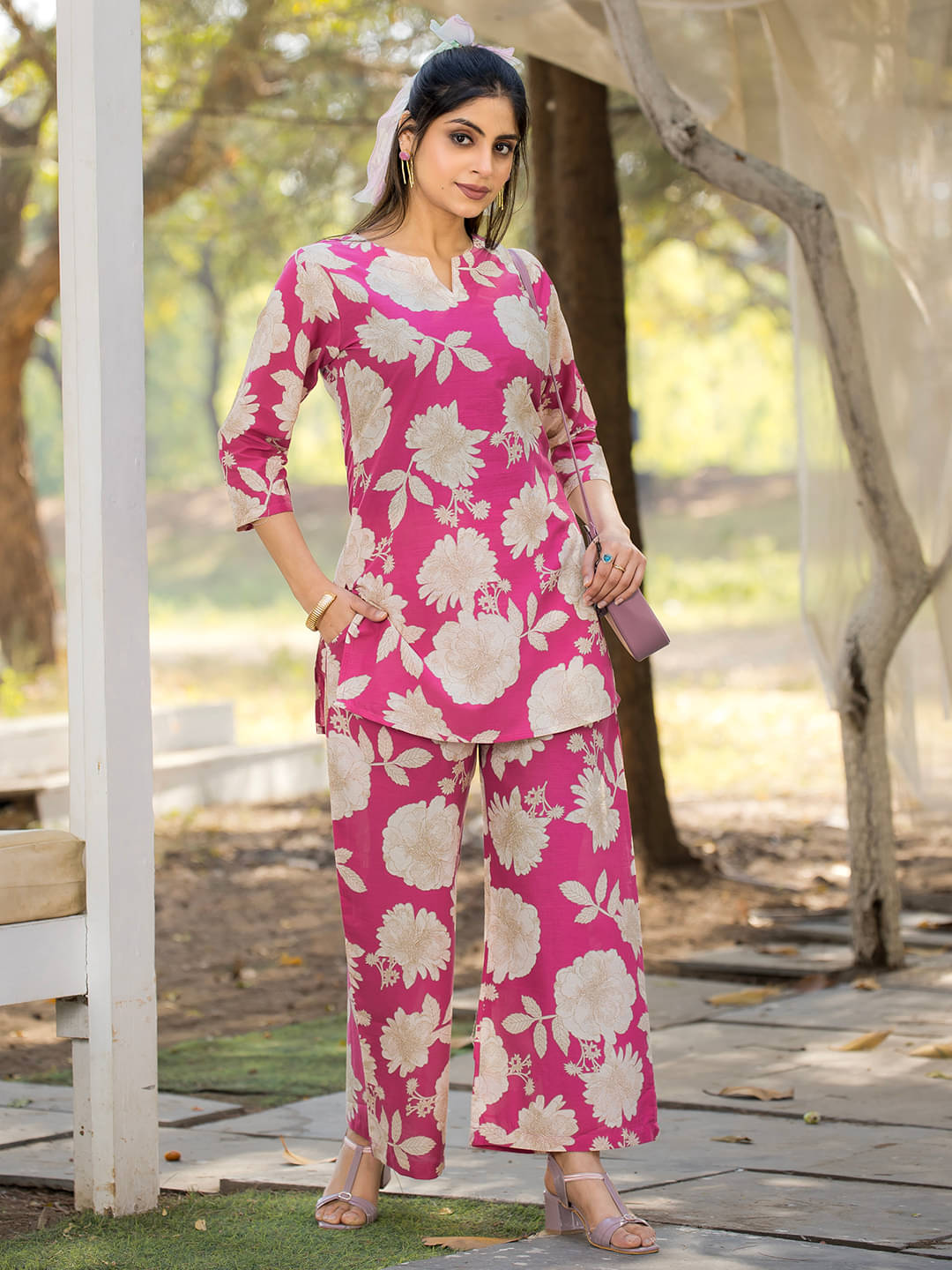     			1 Stop Fashion Women Self Design Tunic With Palazzos Co-Ord Set ( Pink )