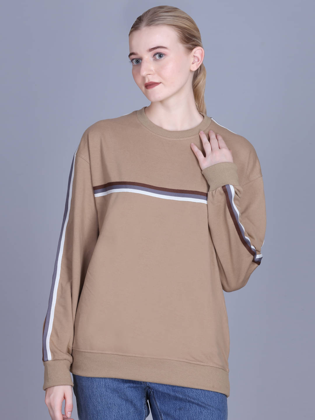     			7 ISLANDS Cotton Blend Women's Non Zippered Sweatshirt ( Beige )