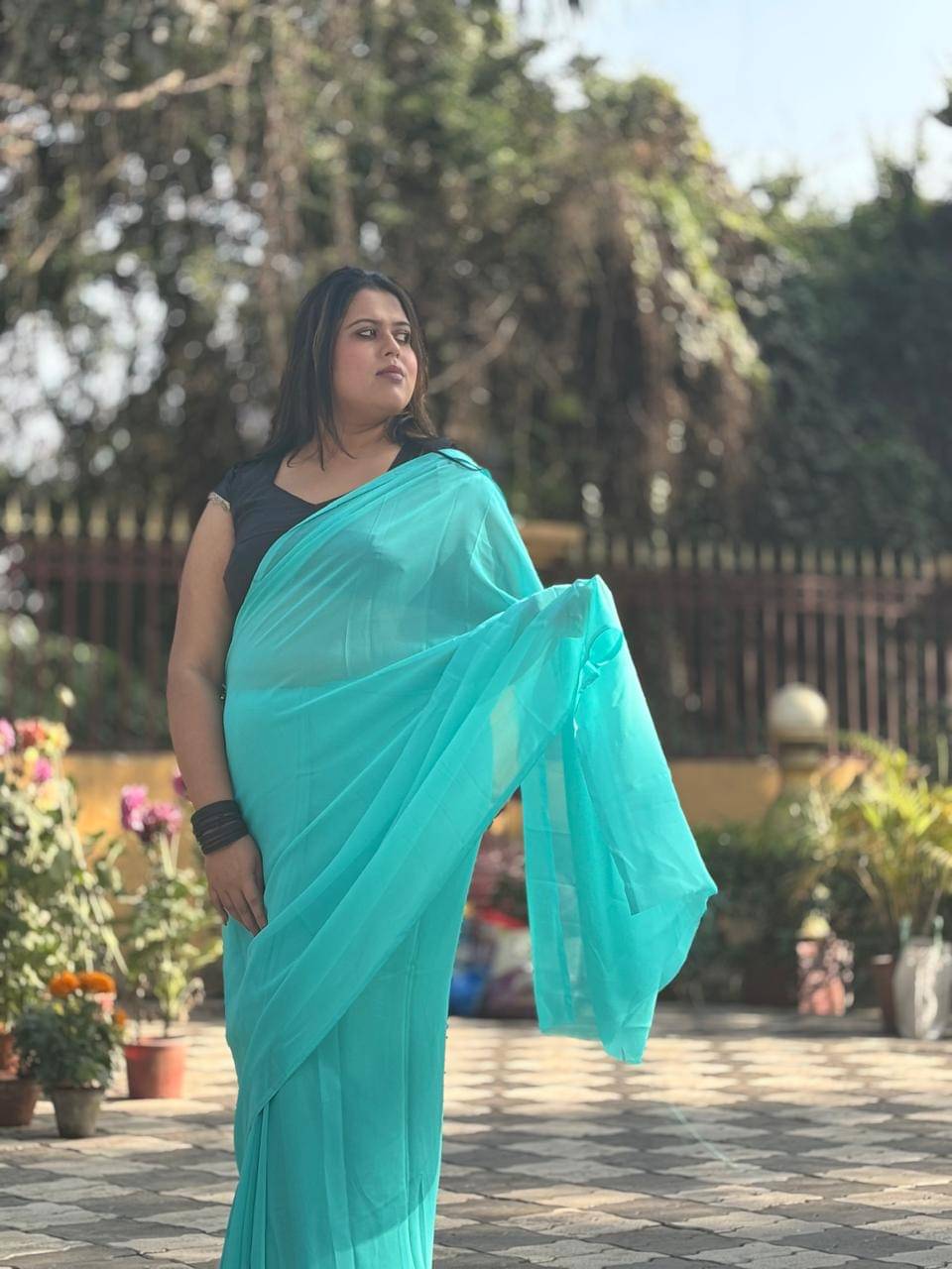 ANAND SAREES Georgette Solid Ilkal Saree With Unstitched Blouse Piece ( Light Blue ) ANAND SAREES Georgette Solid Ilkal Saree With Unstitched Blouse Piece ( Light Blue )